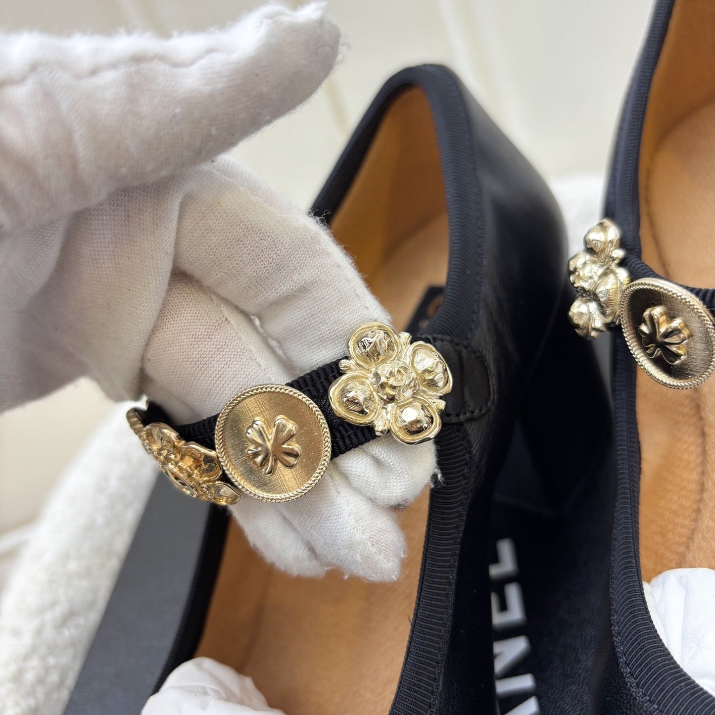GLM-24A Mary Janes with Gold Charms and Buckle in Black Lambskin and AGHW Sz 37.5