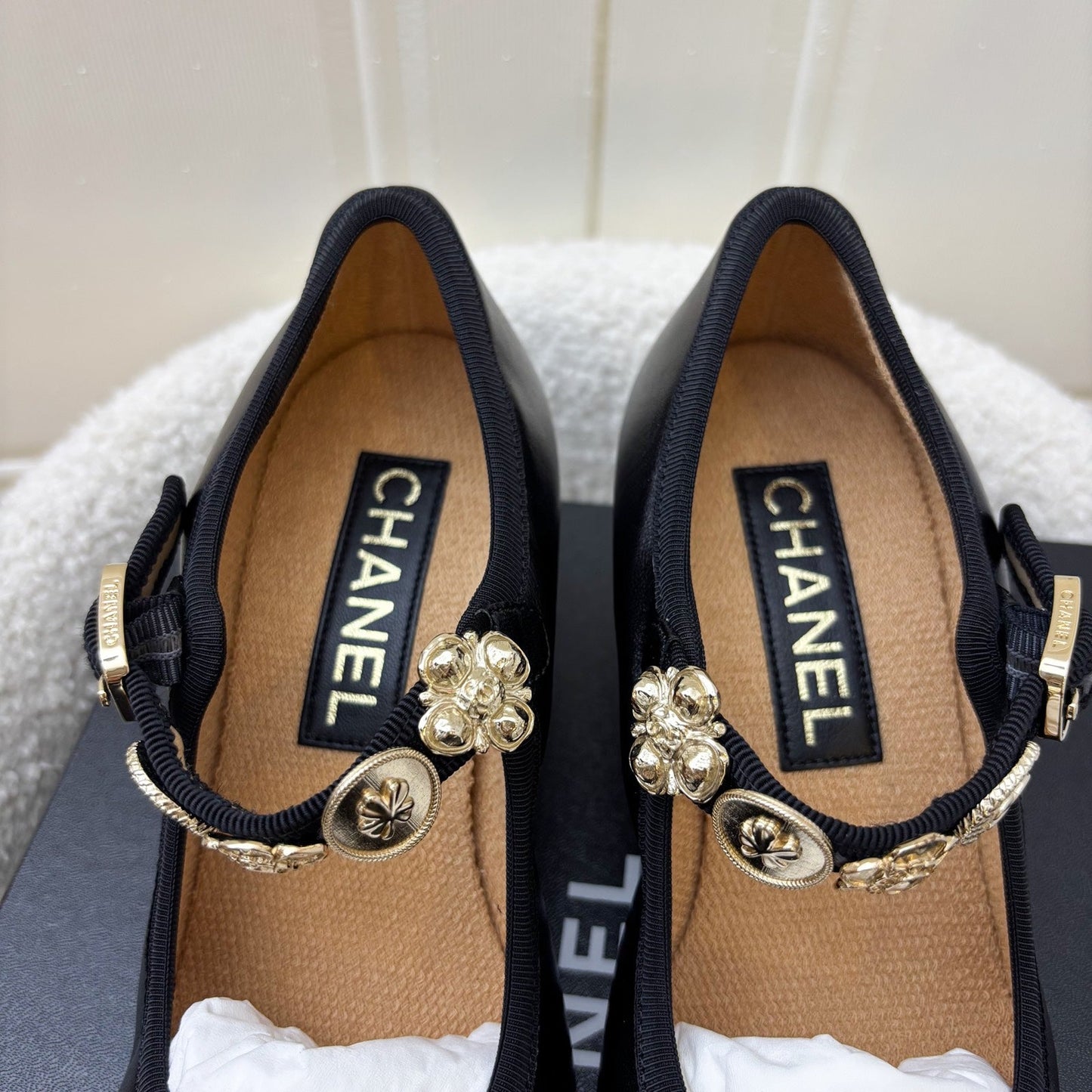 GLM-24A Mary Janes with Gold Charms and Buckle in Black Lambskin and AGHW Sz 37.5