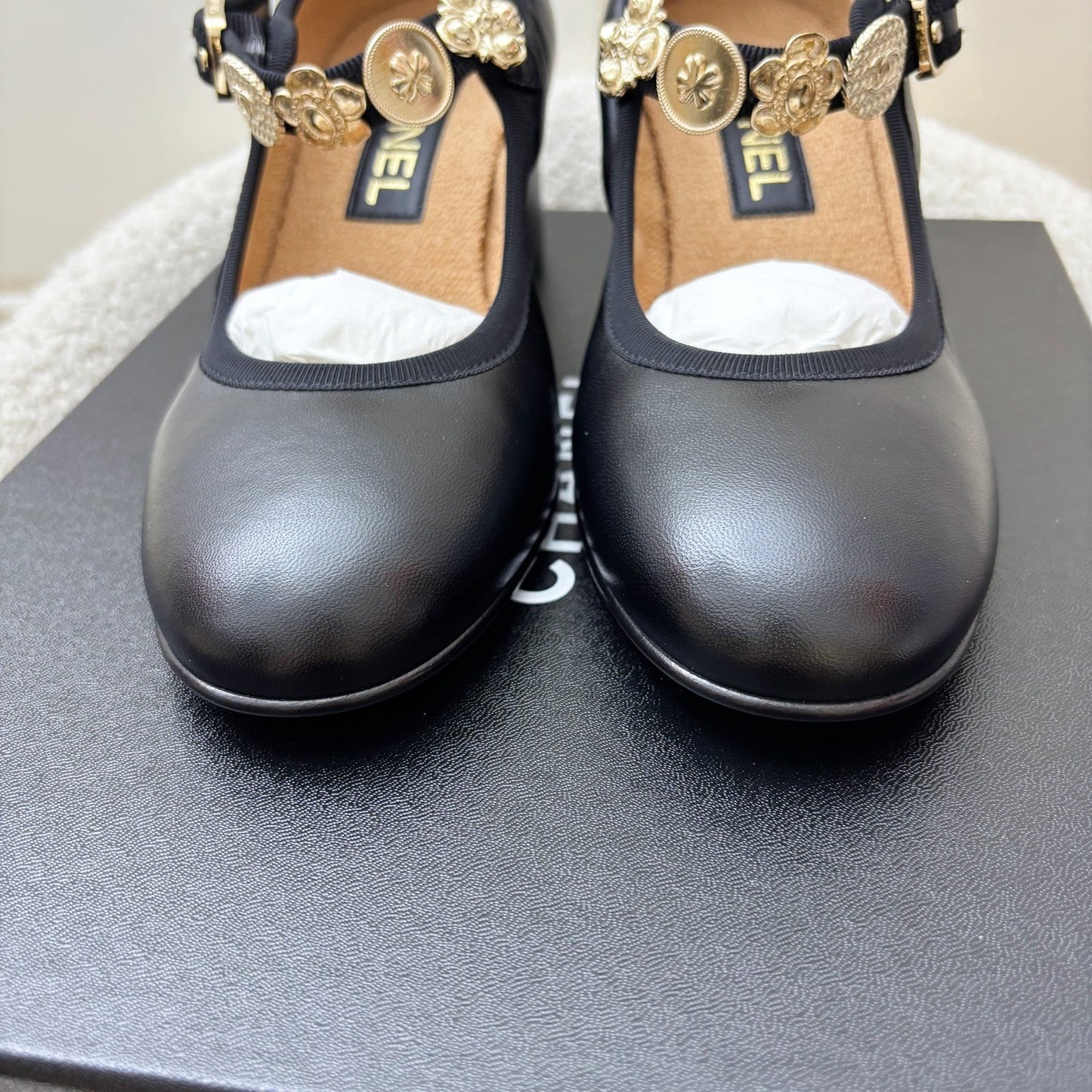 GLM-24A Mary Janes with Gold Charms and Buckle in Black Lambskin and AGHW Sz 37.5