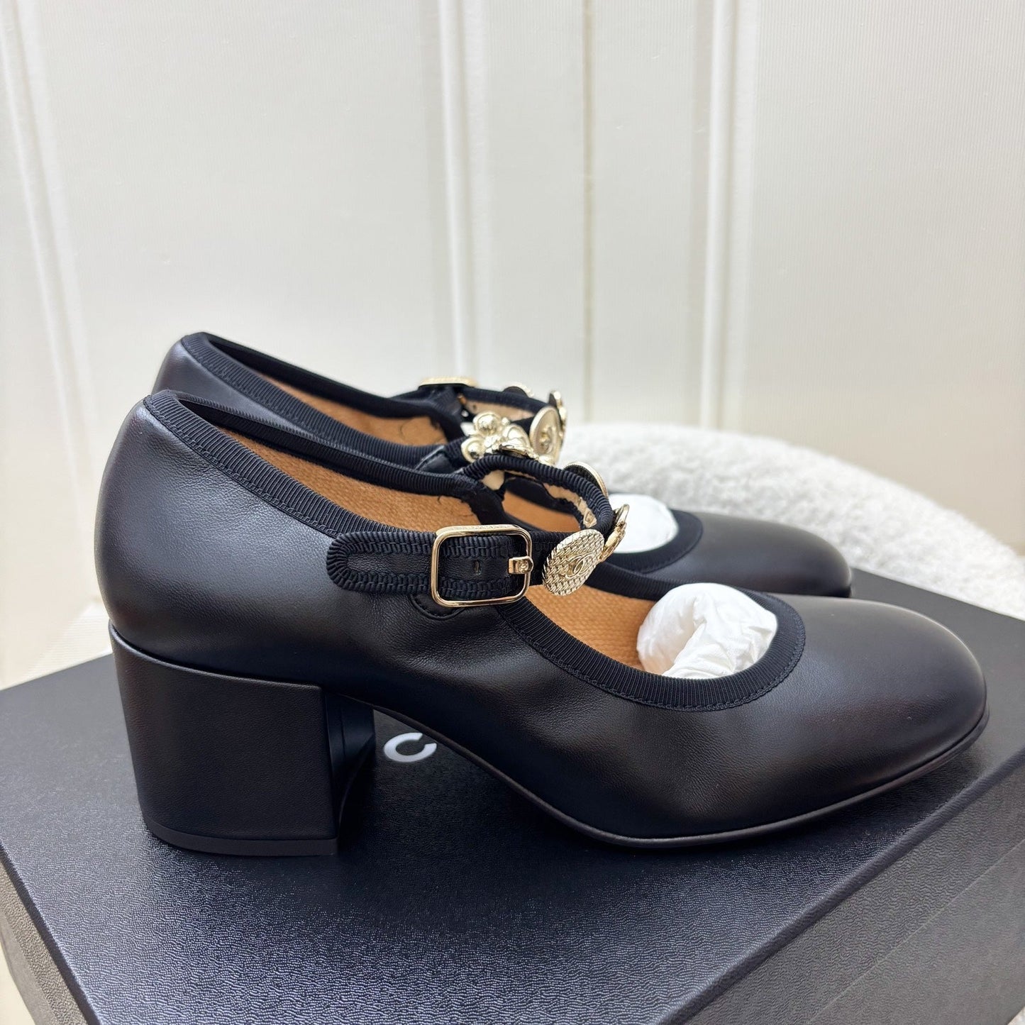 GLM-24A Mary Janes with Gold Charms and Buckle in Black Lambskin and AGHW Sz 37.5