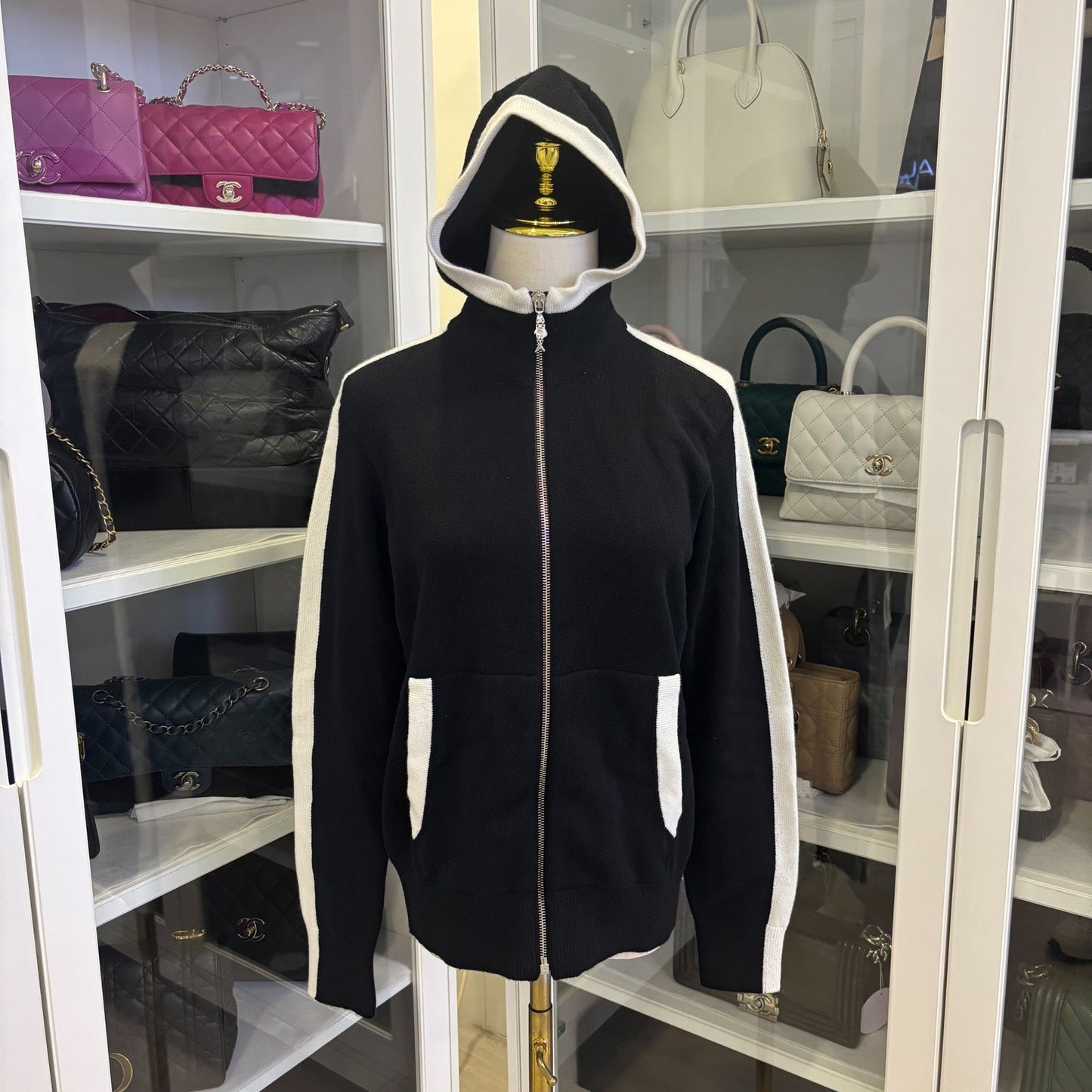 GLM-25C Zipped Cardigan in Black / White Cashmere Sz 38 (Model: P78345)