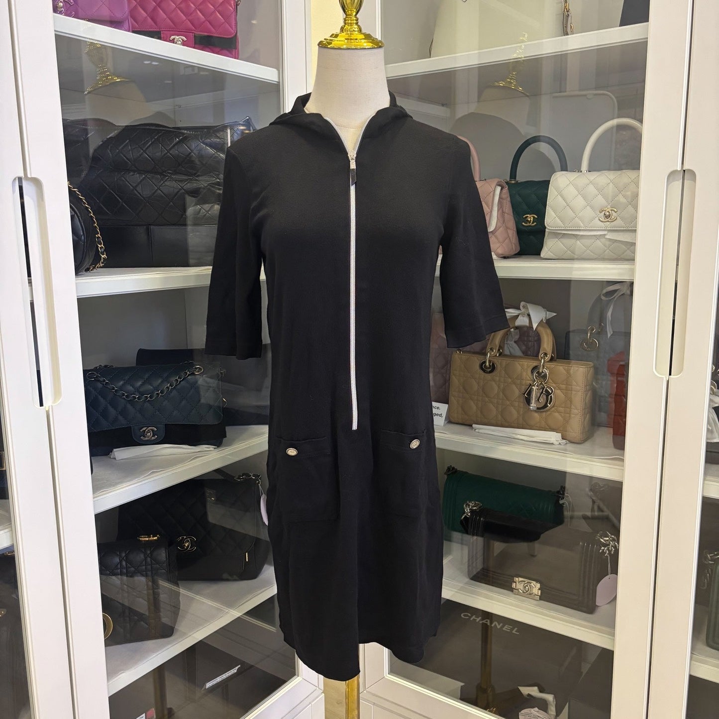 GLM-25C Zipped Hoodie Dress in Black Cotton and Cashmere Sz 40