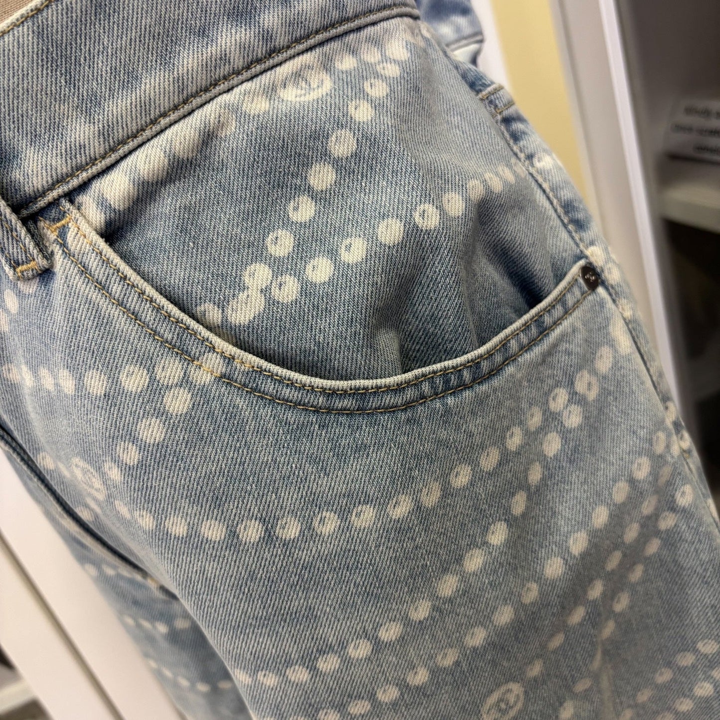 GLM-Washed Light Denim Jeans with Pearl Chain Print in Size 38