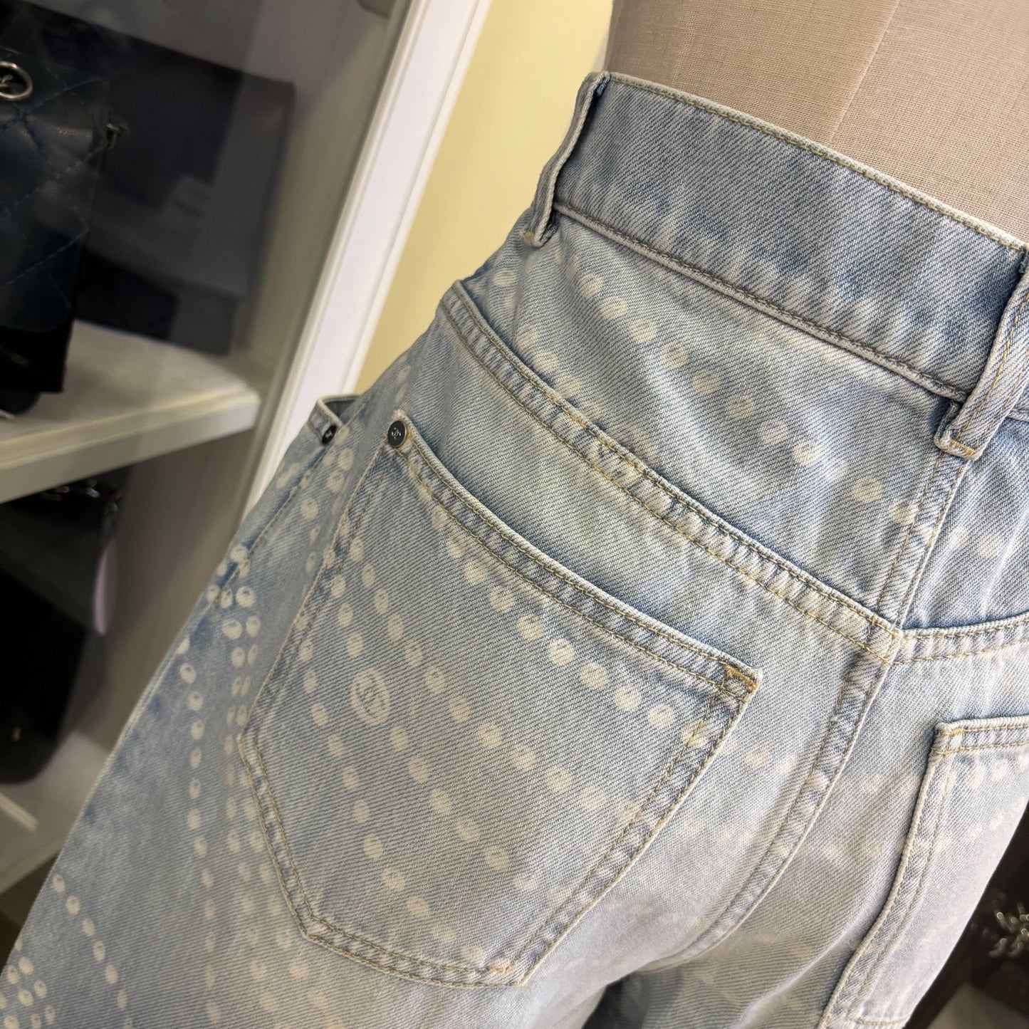 GLM-Washed Light Denim Jeans with Pearl Chain Print in Size 38