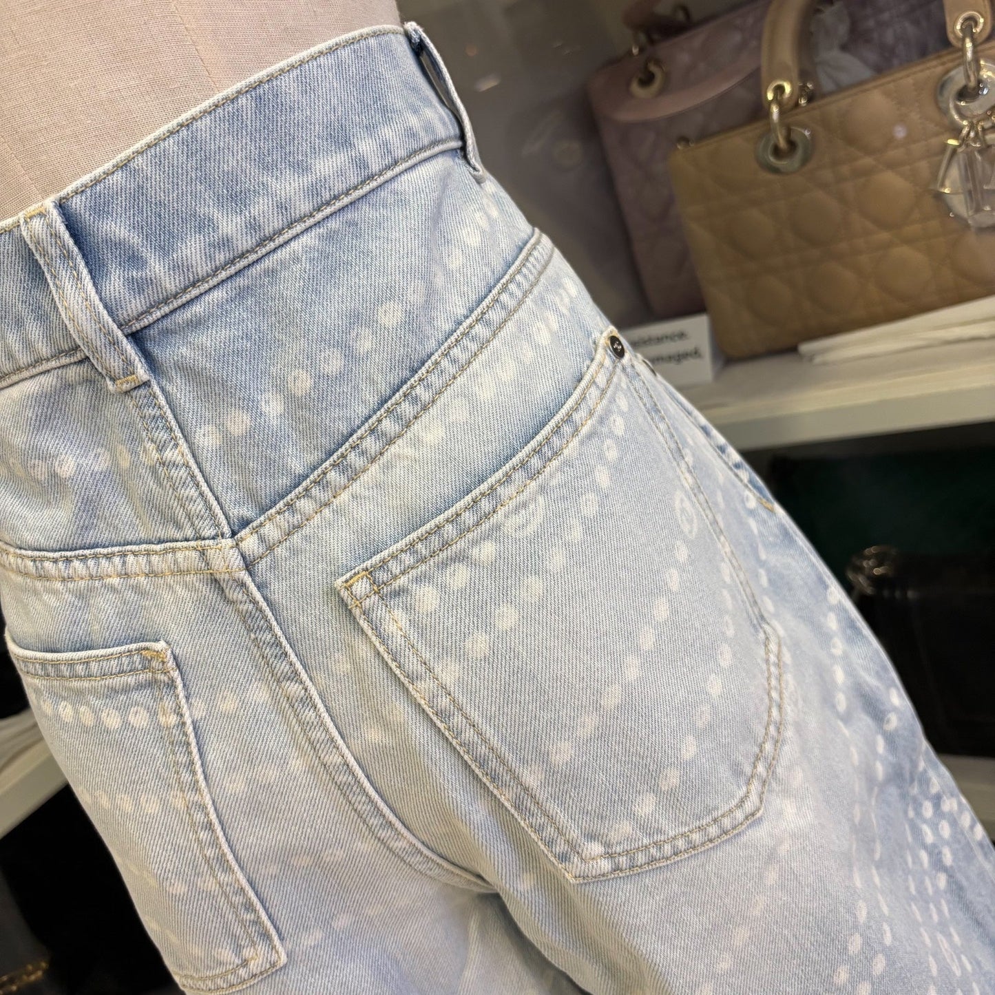 GLM-Washed Light Denim Jeans with Pearl Chain Print in Size 38