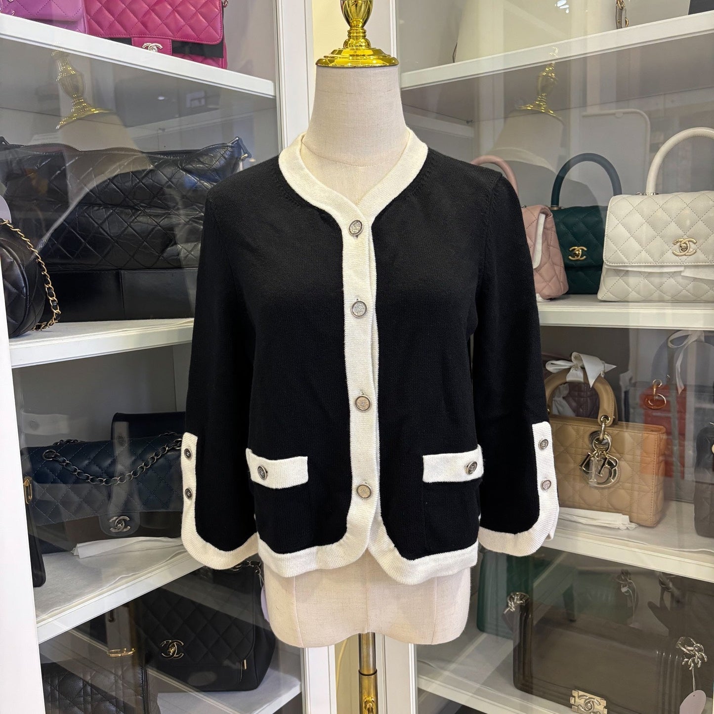 GLM-25C Cardigan With GLM- Logo Buttons in Black / White Cashmere Sz 38