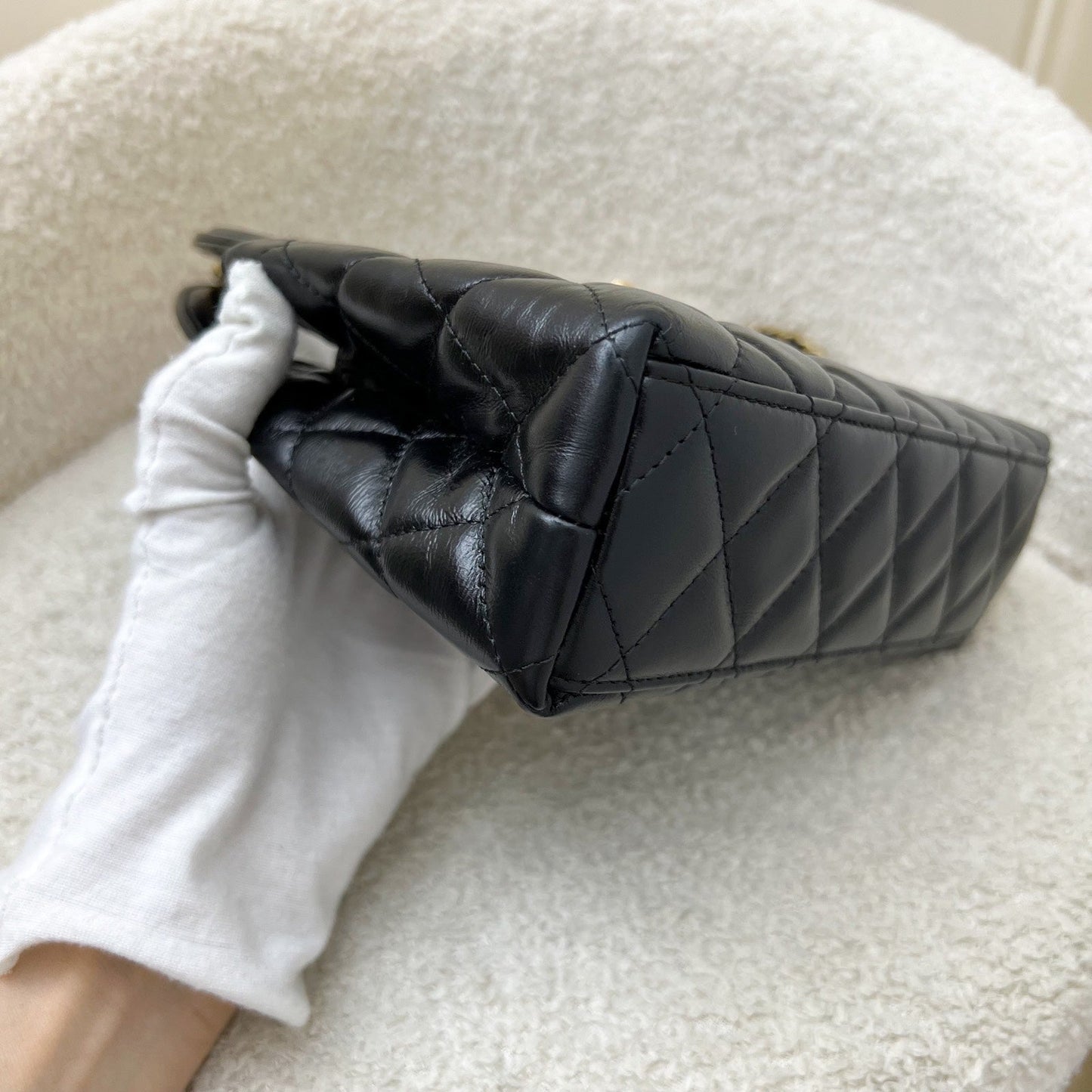 GLM-Mini / Small Kelly Bag in 25C Black Shiny Distressed Calfskin and AGHW