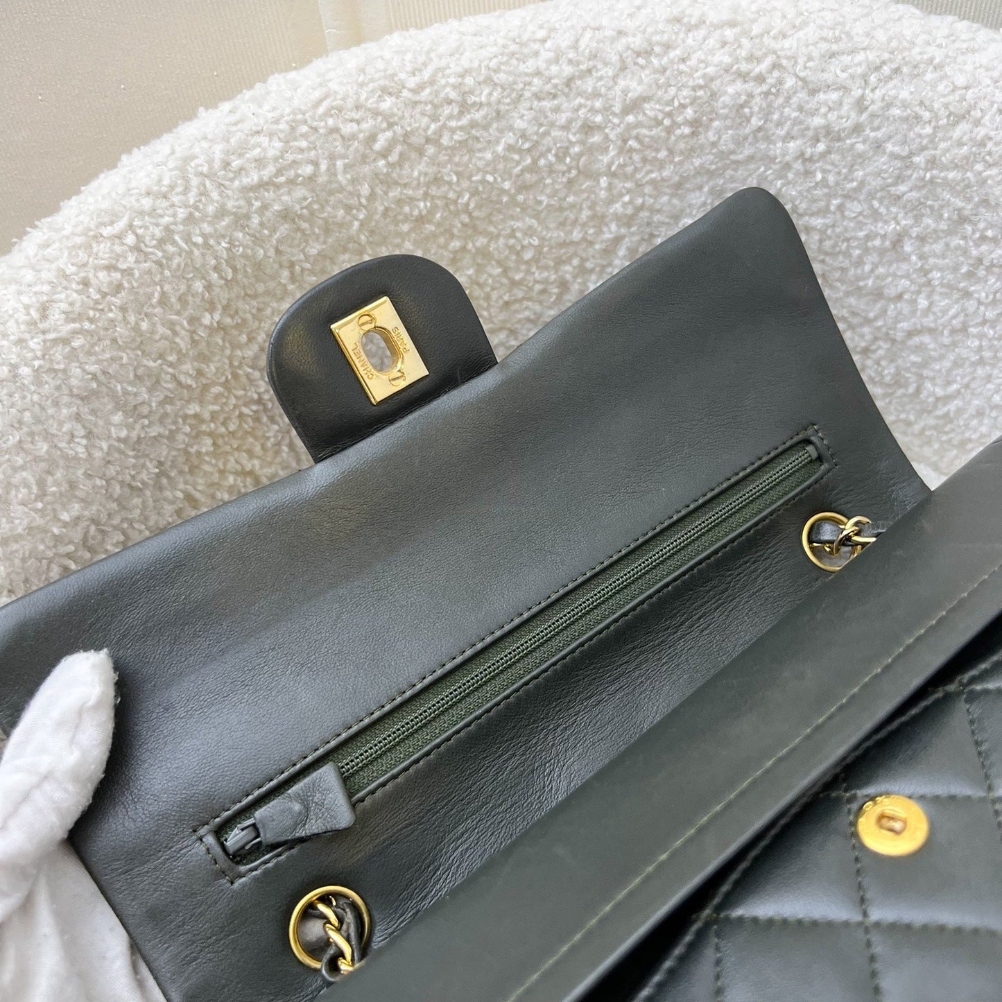 GLM- Medium Classic Flap CF in Dark Green Lambskin and 24K Gold Plated HW