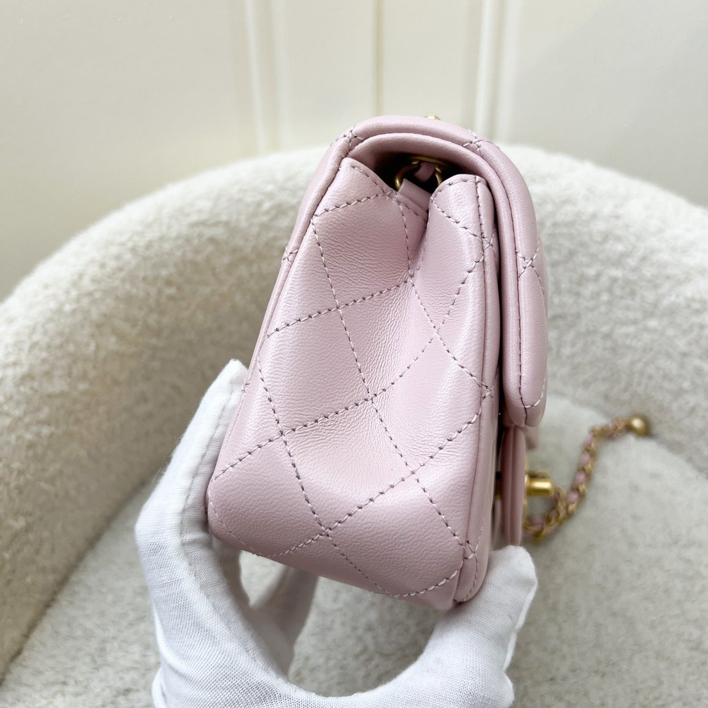 GLM-Pearl Crush Mini Rectangle Flap in 24K Sakura Pink Stiff Lambskin and AGHW (Model: AS1787)