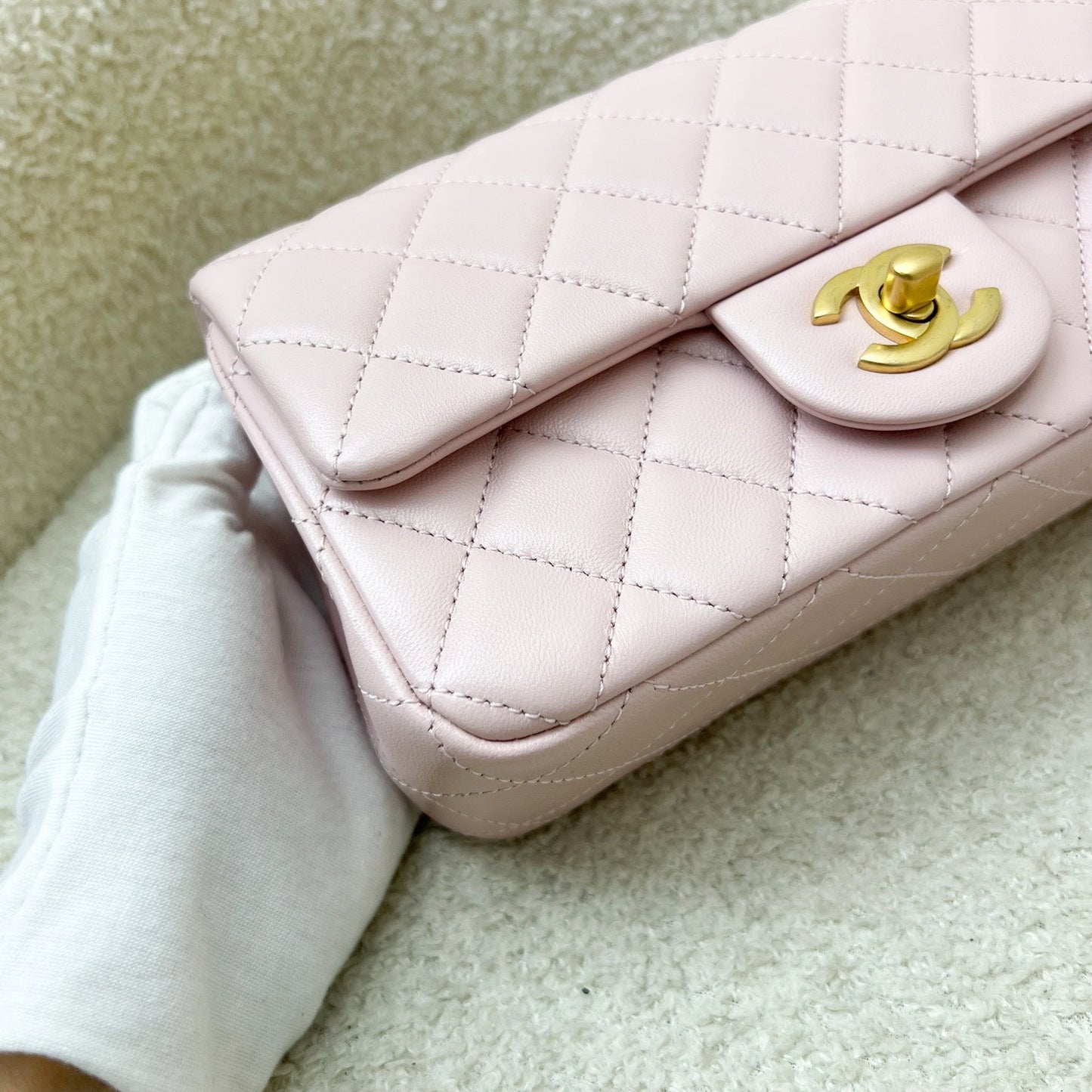 GLM-Pearl Crush Mini Rectangle Flap in 24K Sakura Pink Stiff Lambskin and AGHW (Model: AS1787)