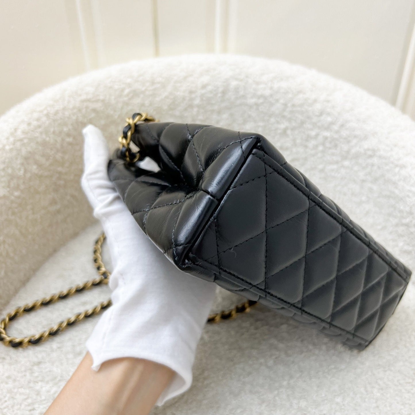 GLM-Mini / Small Kelly Bag in 25C Black Shiny Distressed Calfskin and AGHW (Model: AS4416)