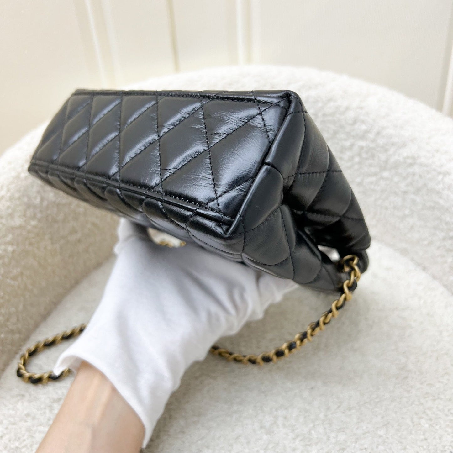 GLM-Mini / Small Kelly Bag in 25C Black Shiny Distressed Calfskin and AGHW (Model: AS4416)
