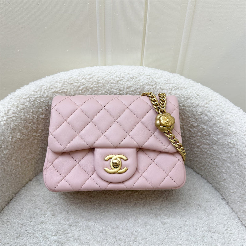 GLM-Camellia Crush Adjustable Chain Mini Square Flap in 23S Sakura Pink Stiff Lambskin and AGHW (Model: AS4040)