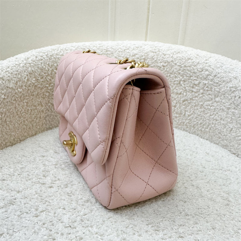 GLM-Camellia Crush Adjustable Chain Mini Square Flap in 23S Sakura Pink Stiff Lambskin and AGHW (Model: AS4040)