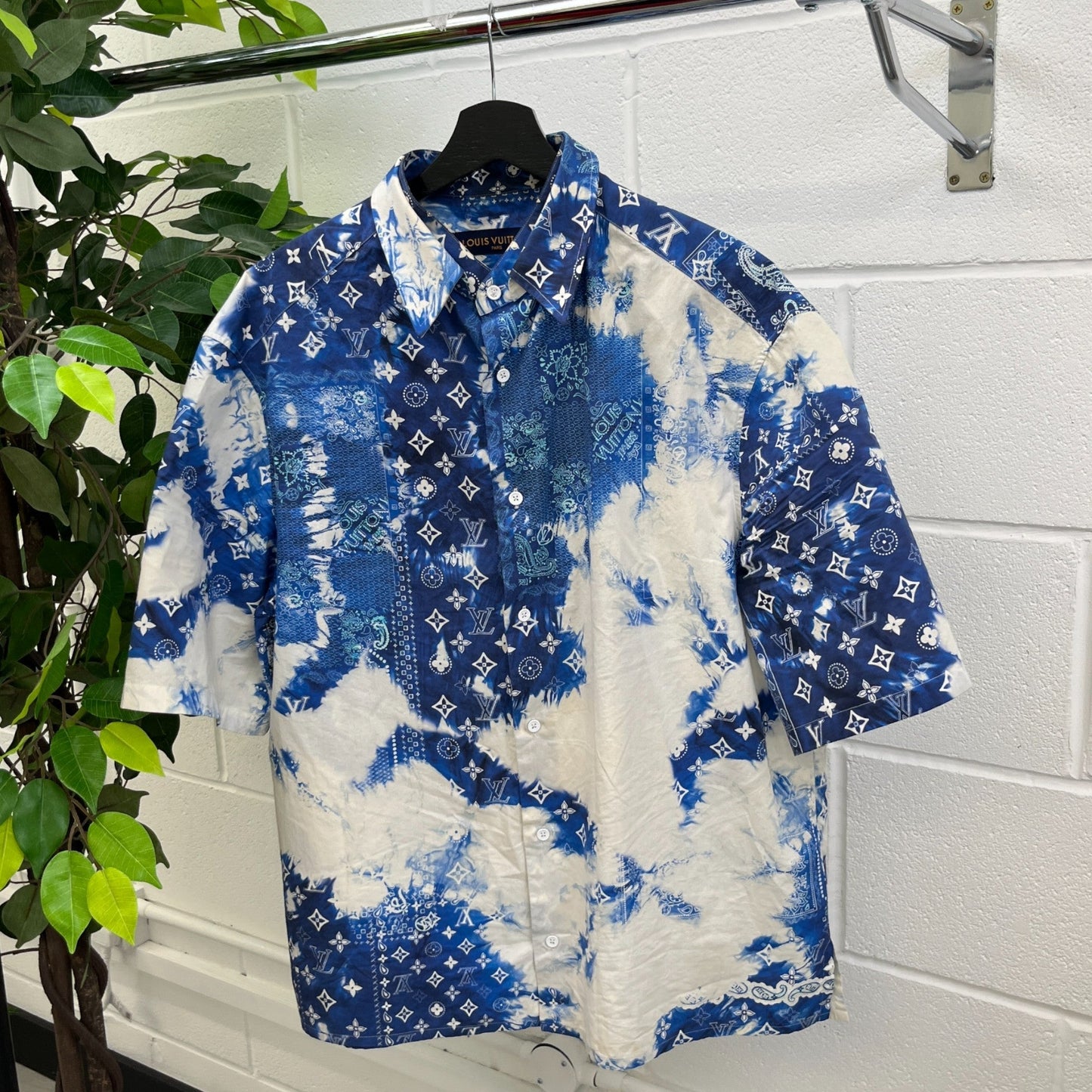 Men's Bandana Monogram Short Sleeve Shirt Blue Size L