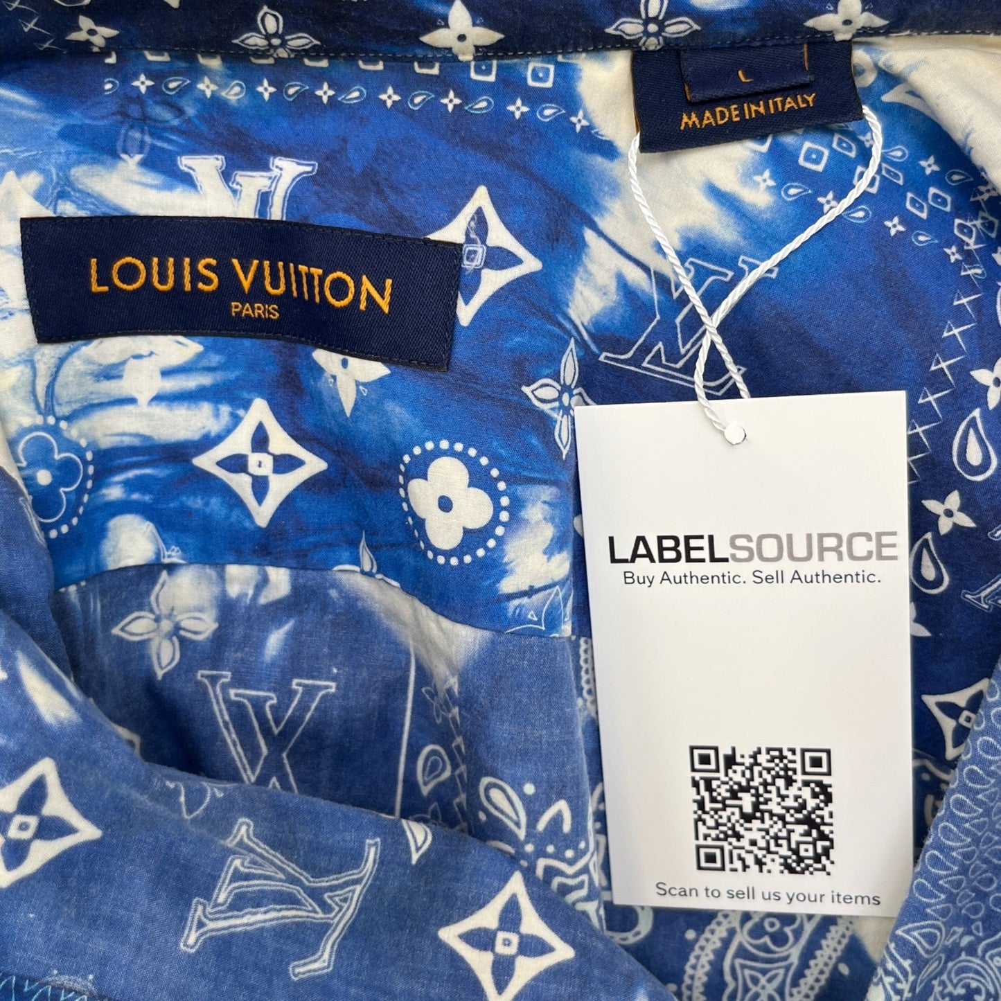 Men's Bandana Monogram Short Sleeve Shirt Blue Size L