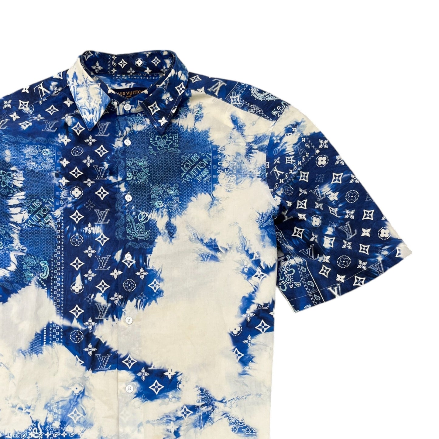 Men's Bandana Monogram Short Sleeve Shirt Blue Size L