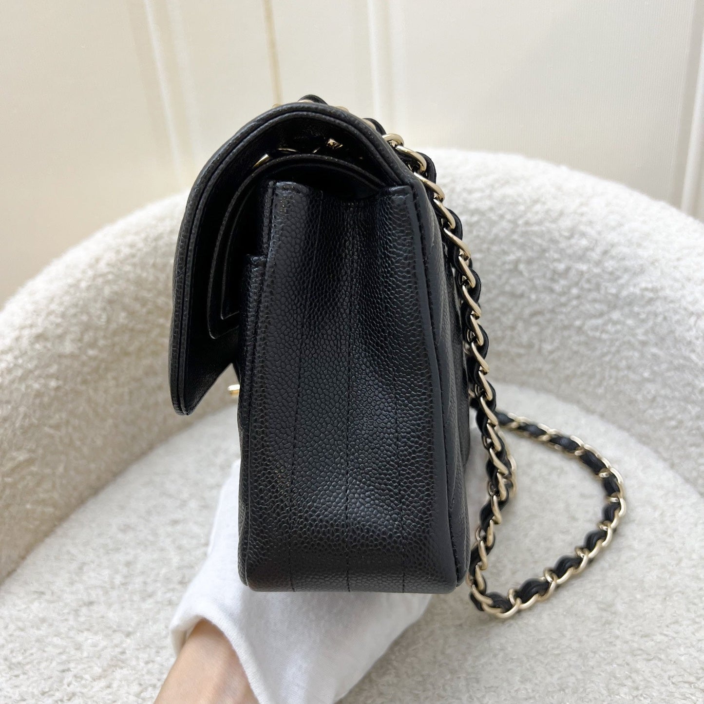 GLM-Small Classic Flap CF in Chevron Quilted Black Caviar and LGHW (Model: A01113)