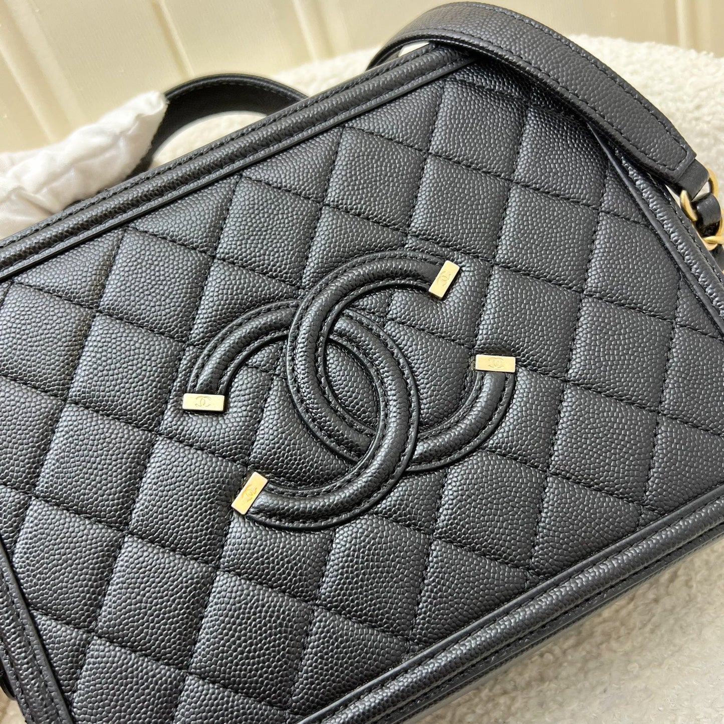 GLM-Medium Filigree Vanity Bag in Black Caviar, Black Trim and AGHW (Model: A93343)