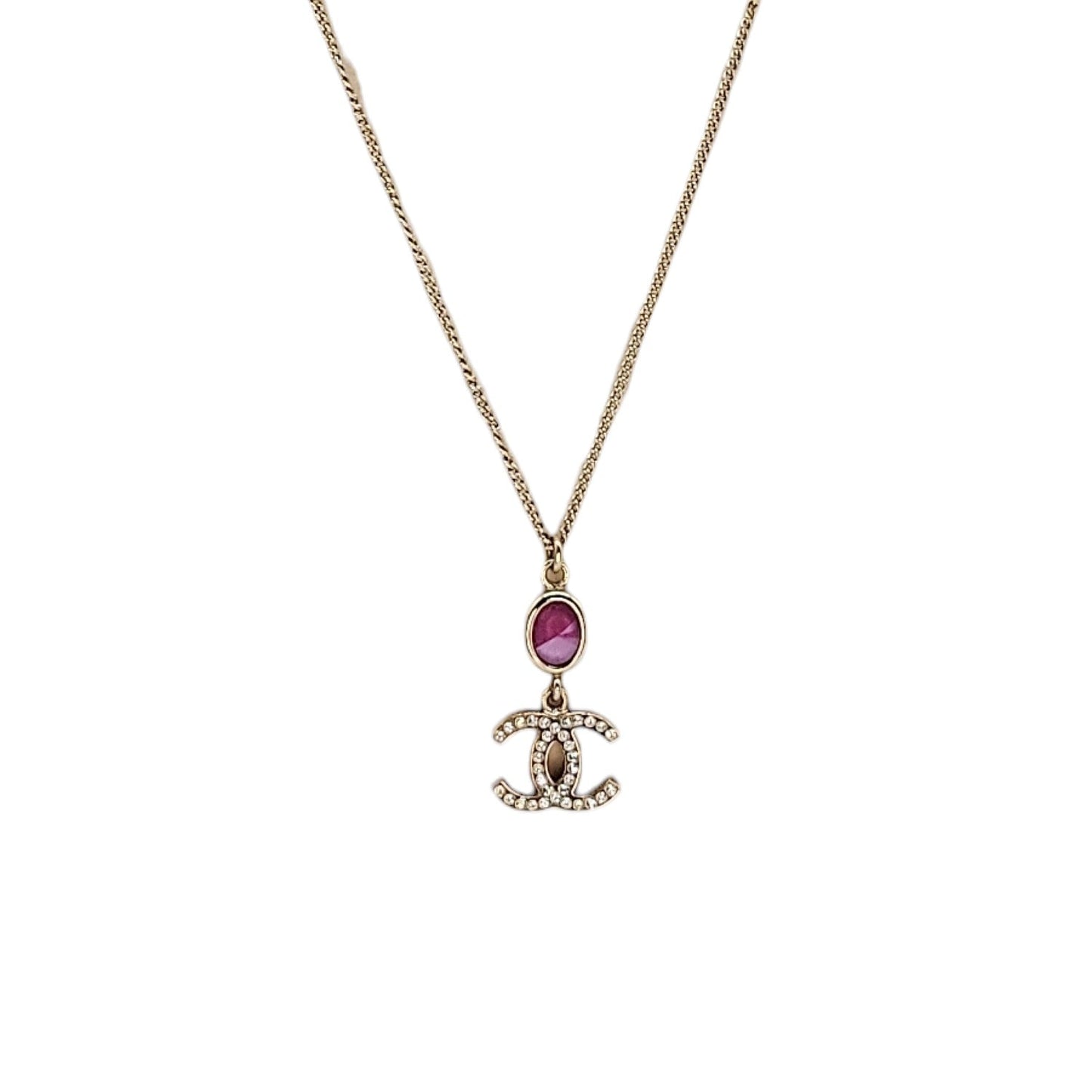 Chanel Crystal CC Drop Necklace Pink Gold