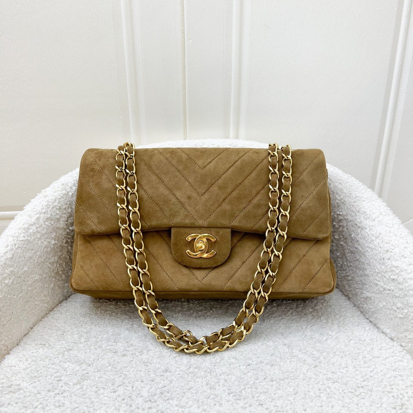 GLM- Medium Classic Flap CF in Brown Suede and 24K Gold Plated HW