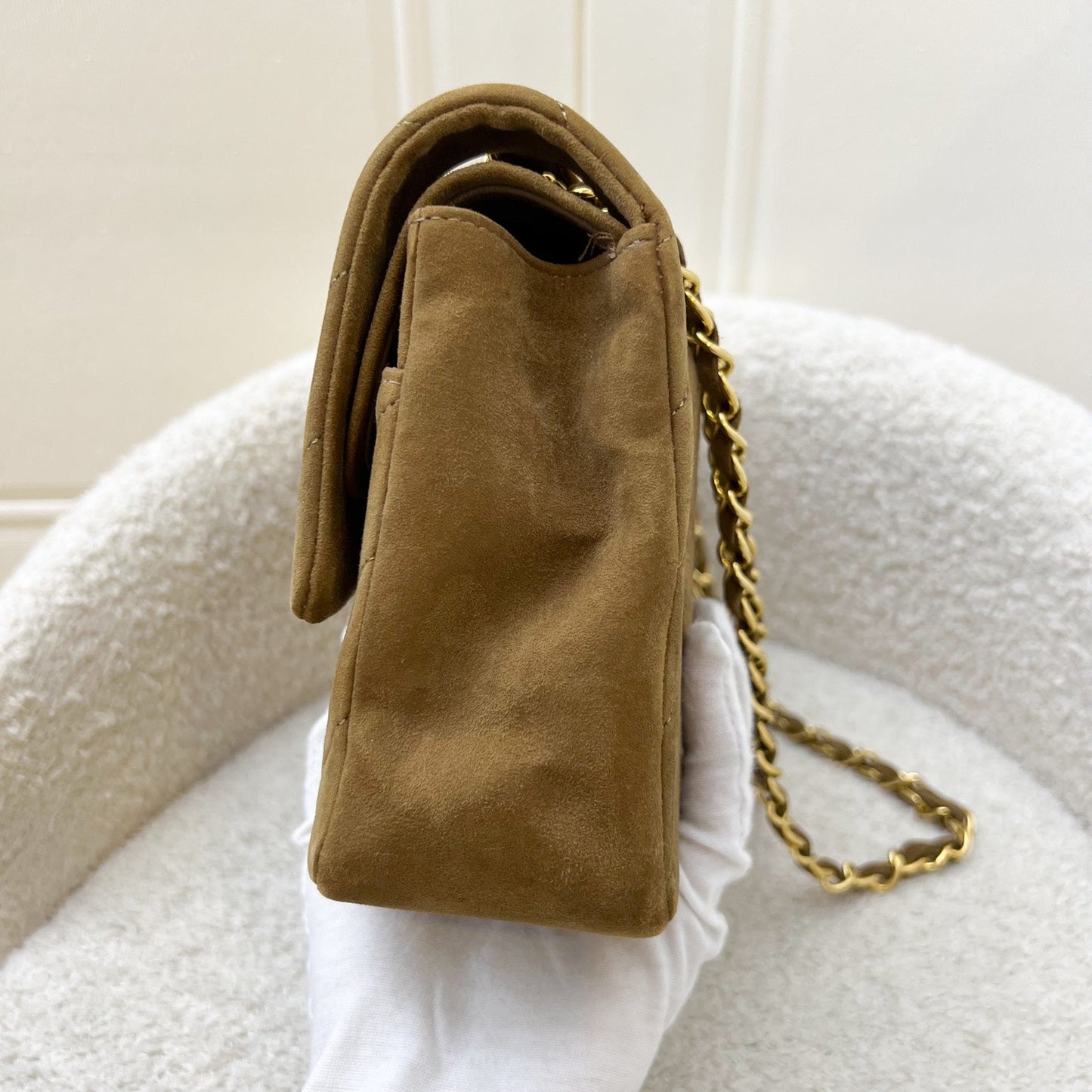 GLM- Medium Classic Flap CF in Brown Suede and 24K Gold Plated HW
