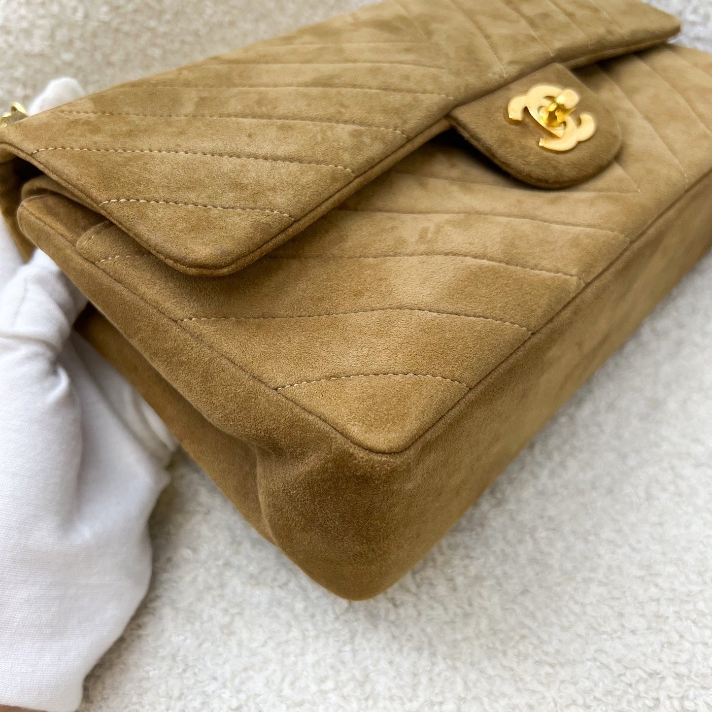GLM- Medium Classic Flap CF in Brown Suede and 24K Gold Plated HW