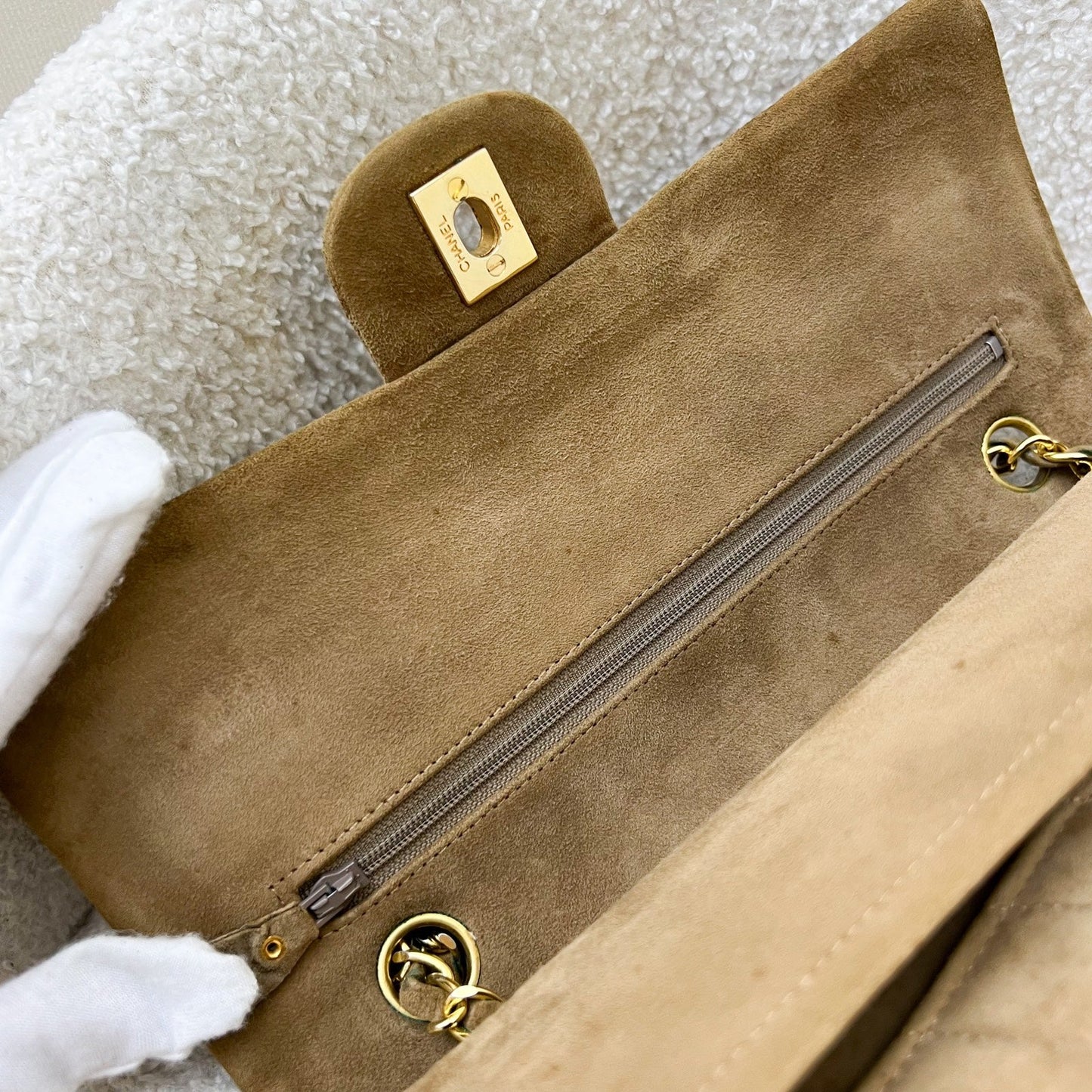 GLM- Medium Classic Flap CF in Brown Suede and 24K Gold Plated HW