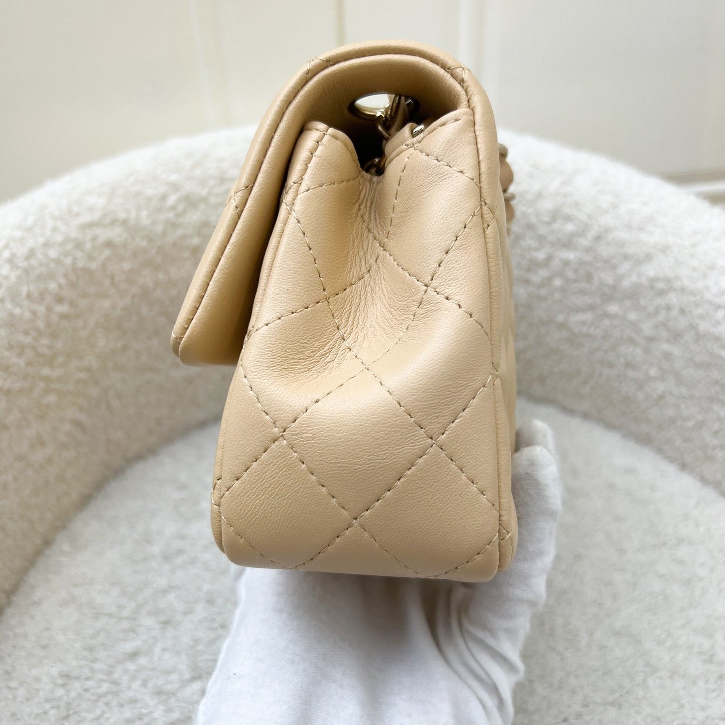 GLM-Classic Mini Rectangular Flap in 22C Beige Lambskin and LGHW (Model: A69900)