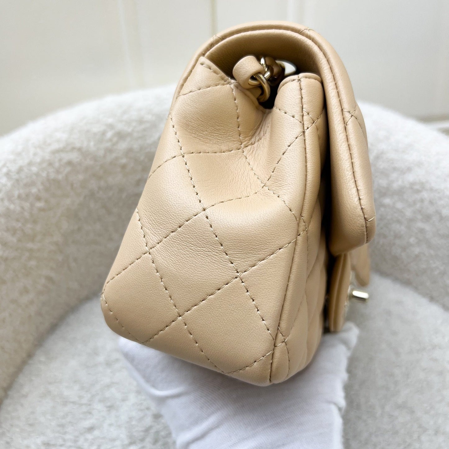 GLM-Classic Mini Rectangular Flap in 22C Beige Lambskin and LGHW (Model: A69900)