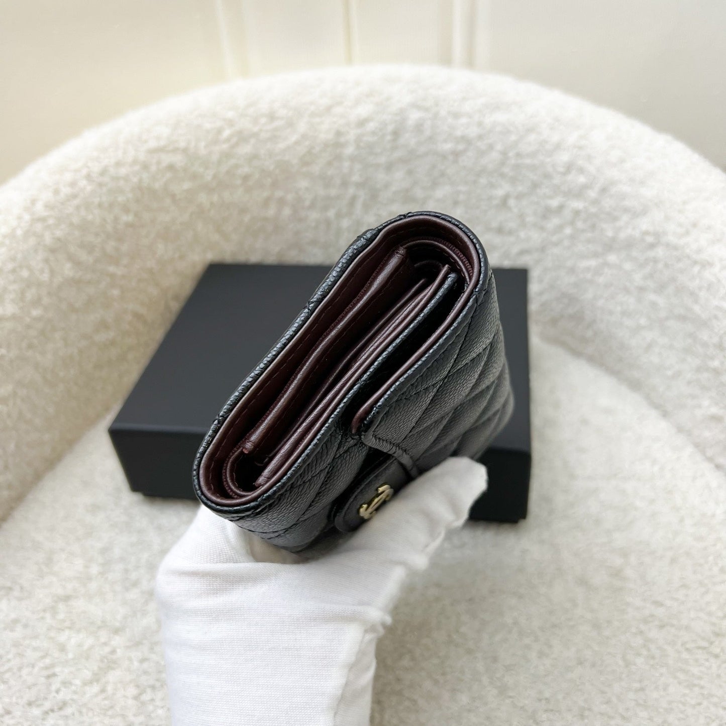 GLM-Compact Small Trifold Wallet in Black Caviar and LGHW