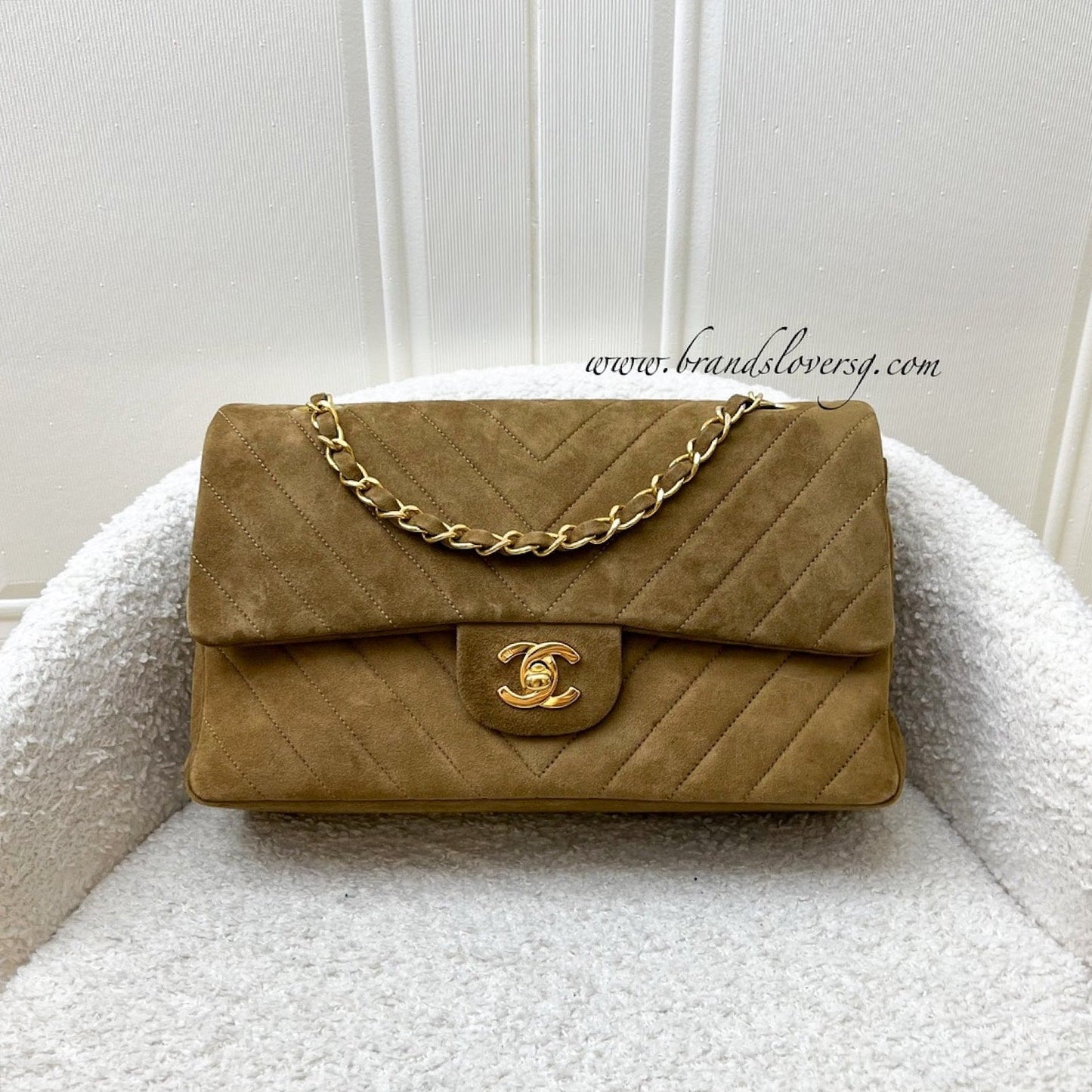 GLM- Medium Classic Flap CF in Brown Suede and 24K Gold Plated HW