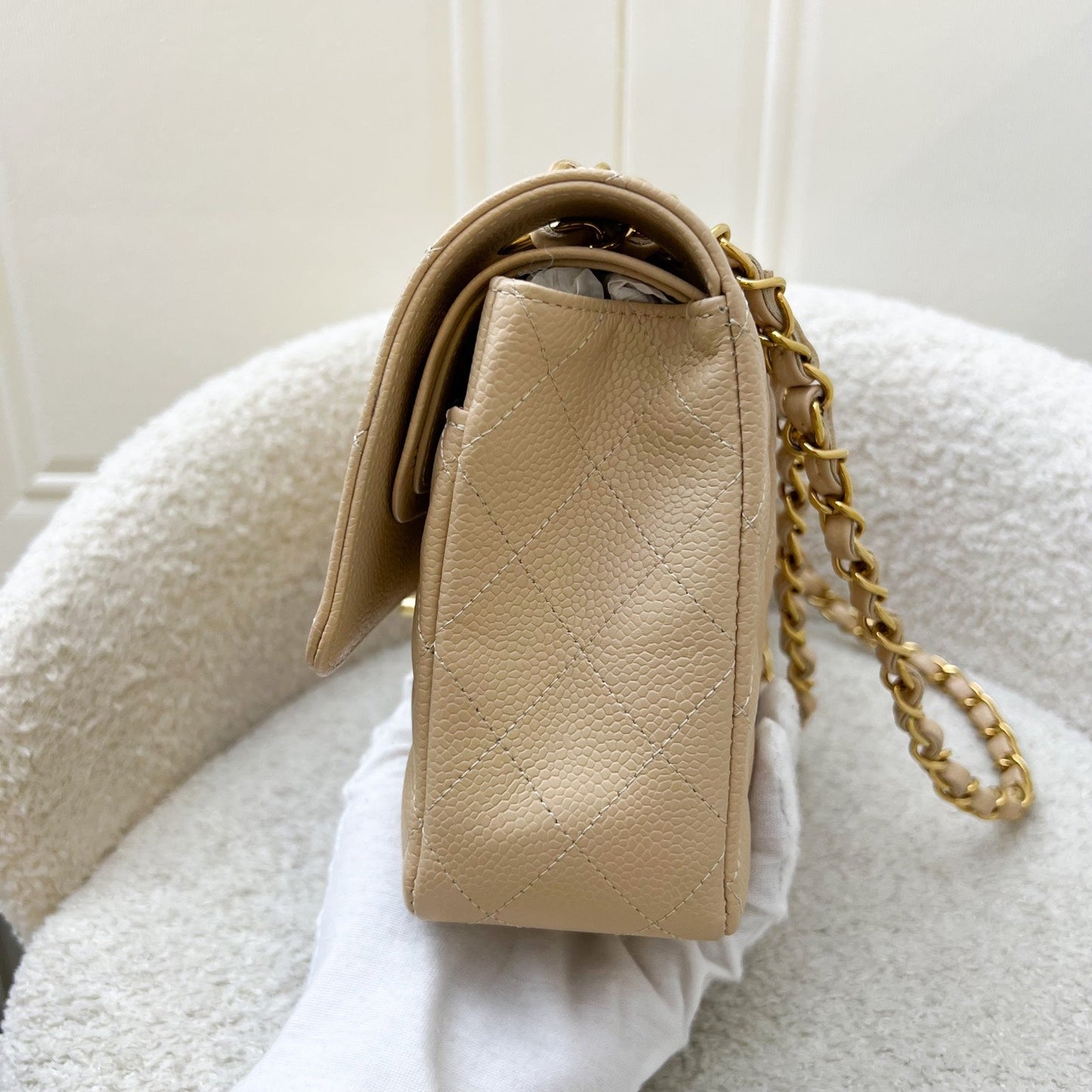 GLM-Medium Classic Flap CF in Beige Caviar and GHW (Model: A01112)