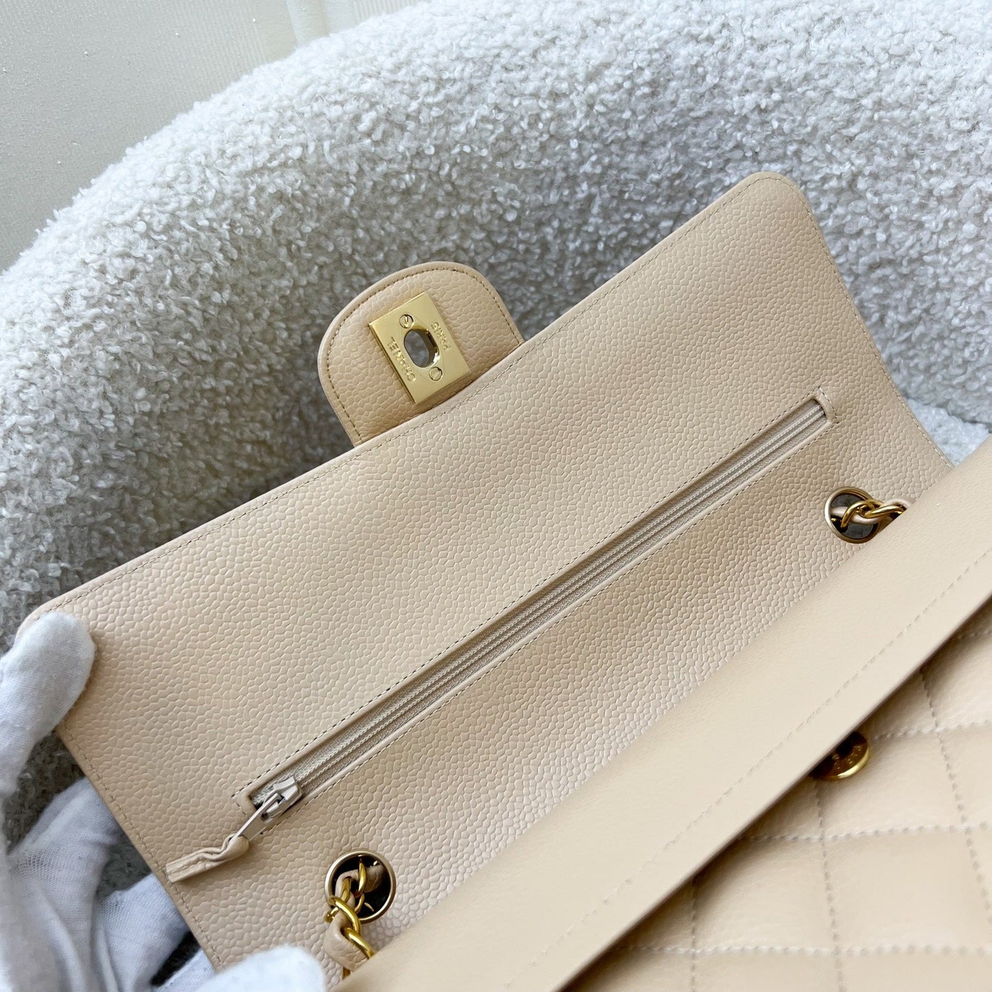 GLM-Medium Classic Flap CF in Beige Caviar and GHW (Model: A01112)