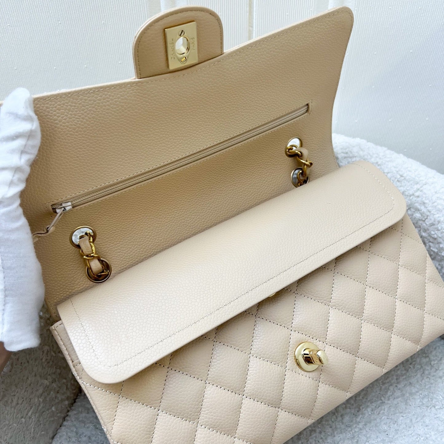 GLM-Medium Classic Flap CF in Beige Caviar and GHW (Model: A01112)