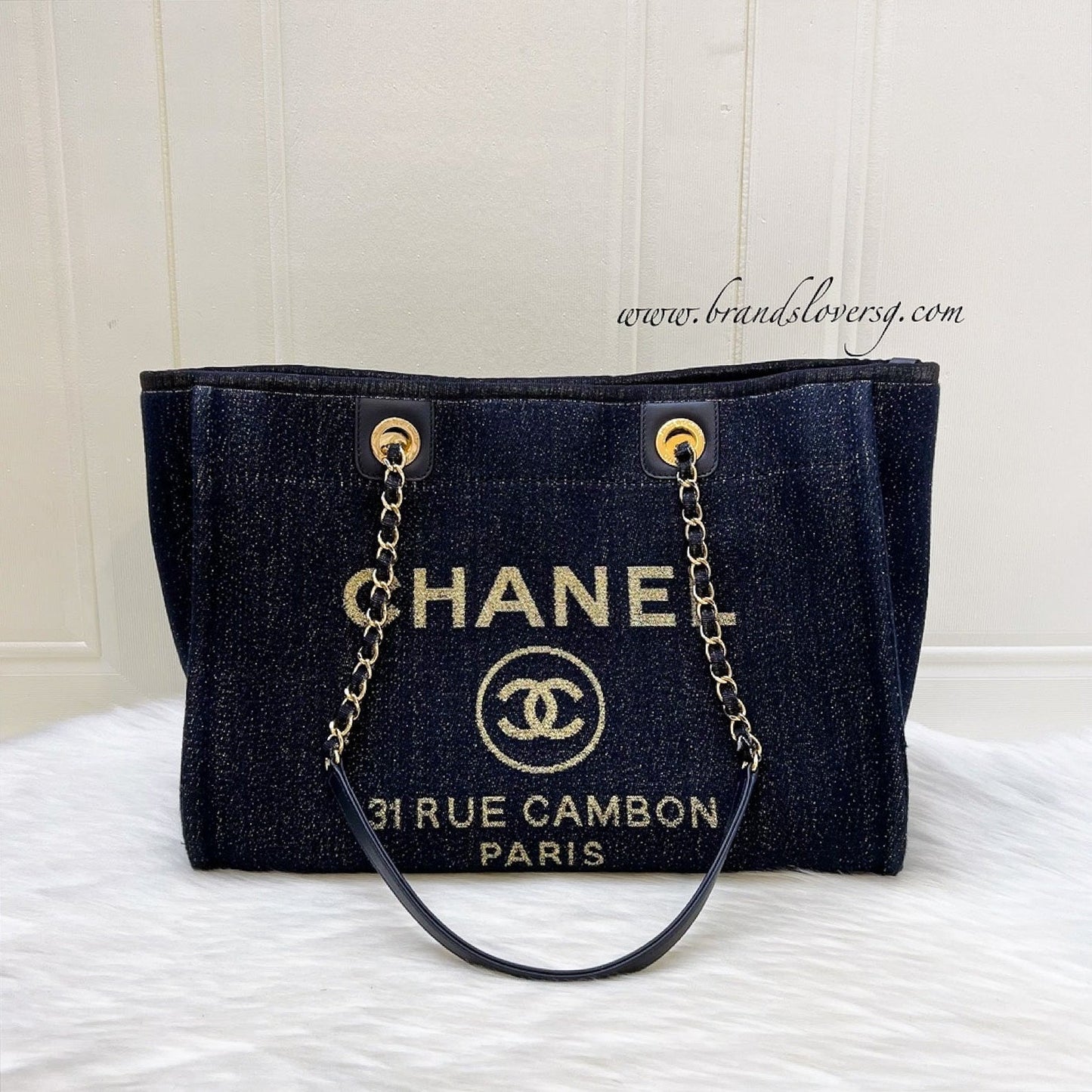 GLM-Deauville Medium Tote in Navy Fabric, Glittery Threading and LGHW