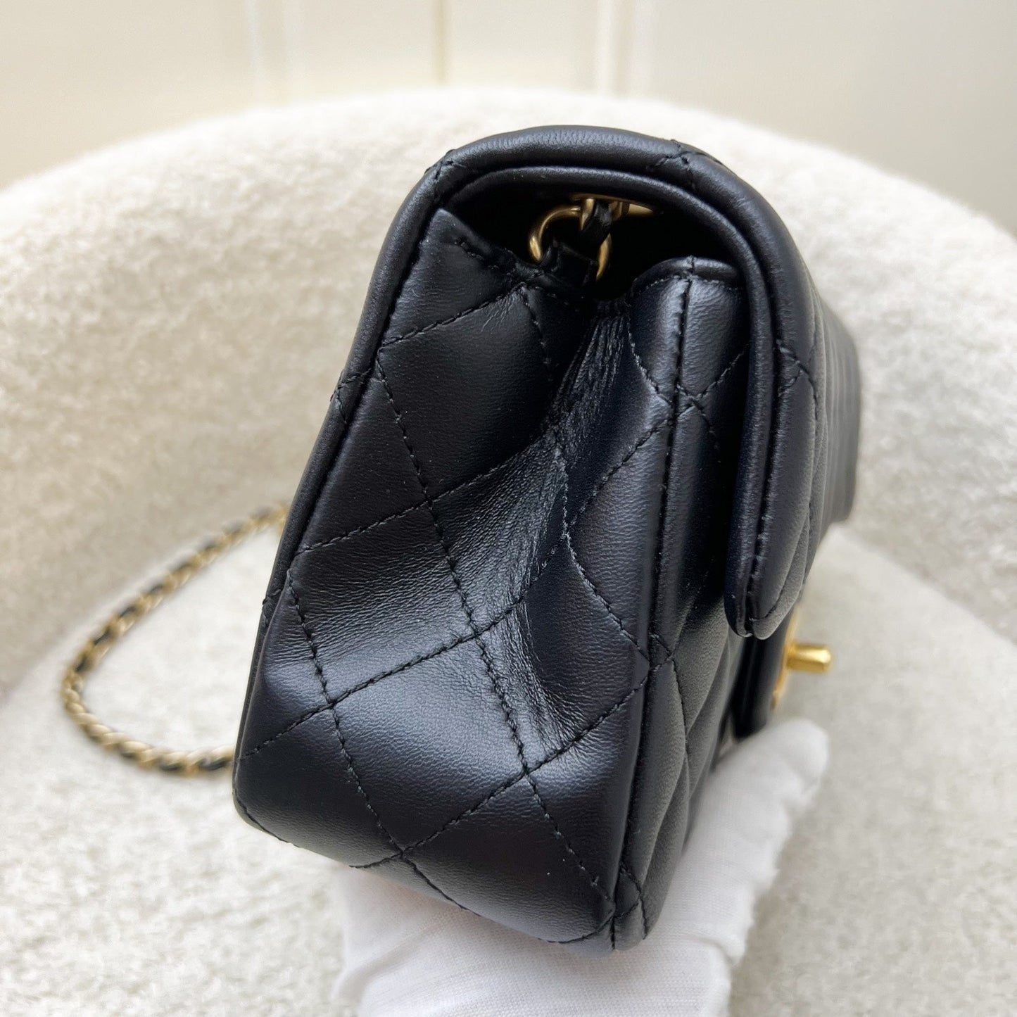 GLM-Pearl Crush Mini Rectangular Flap in 23K Black Stiff Lambskin and AGHW (Model: AS1787)