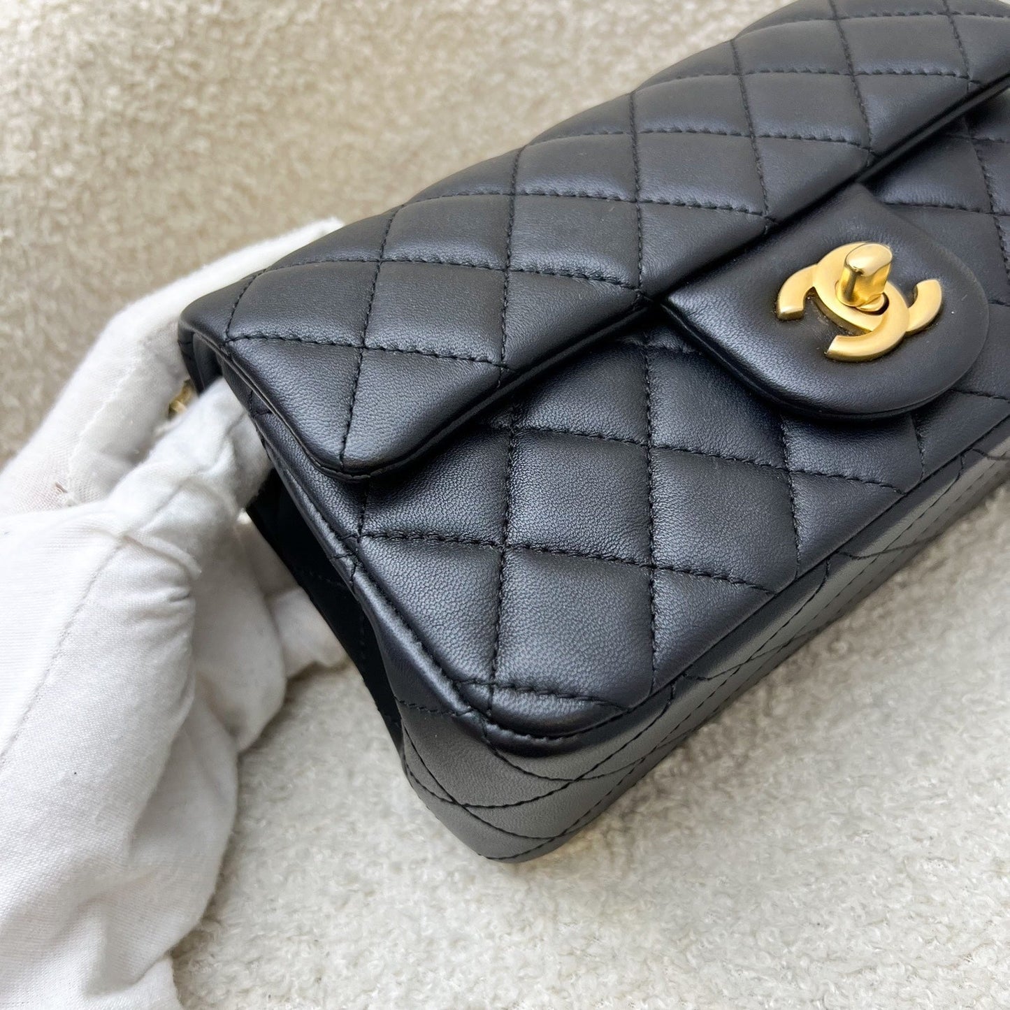 GLM-Pearl Crush Mini Rectangular Flap in 23K Black Stiff Lambskin and AGHW (Model: AS1787)