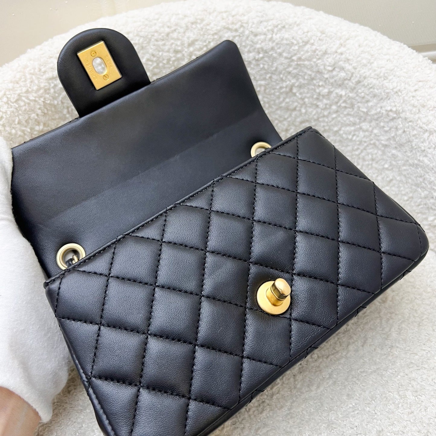 GLM-Pearl Crush Mini Rectangular Flap in 23K Black Stiff Lambskin and AGHW (Model: AS1787)