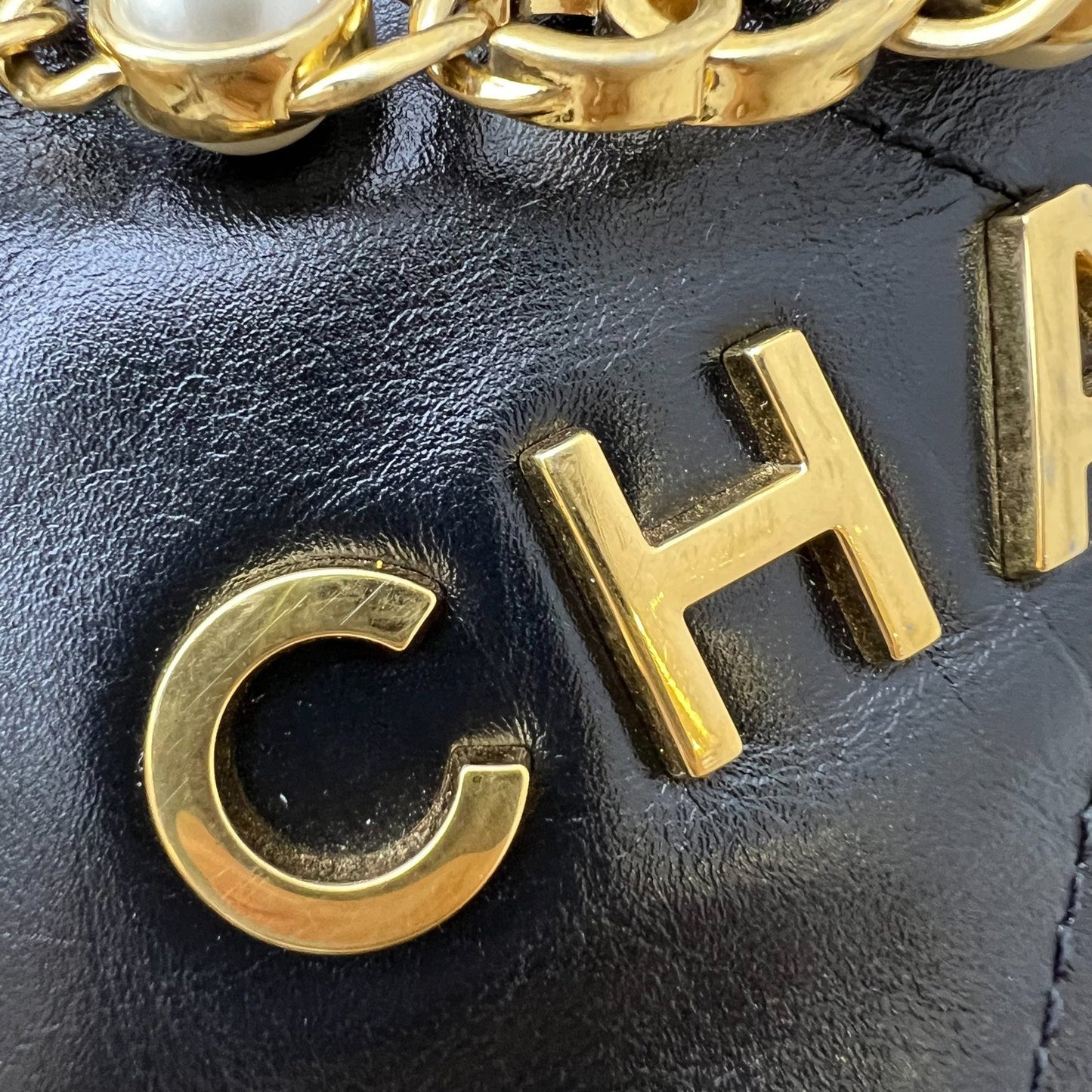 GLM-22 Mini Hobo Handbag with GLM- Pearl Chain in Black Shiny Calfskin and GHW (Detachable chain) (Model: AS3980)