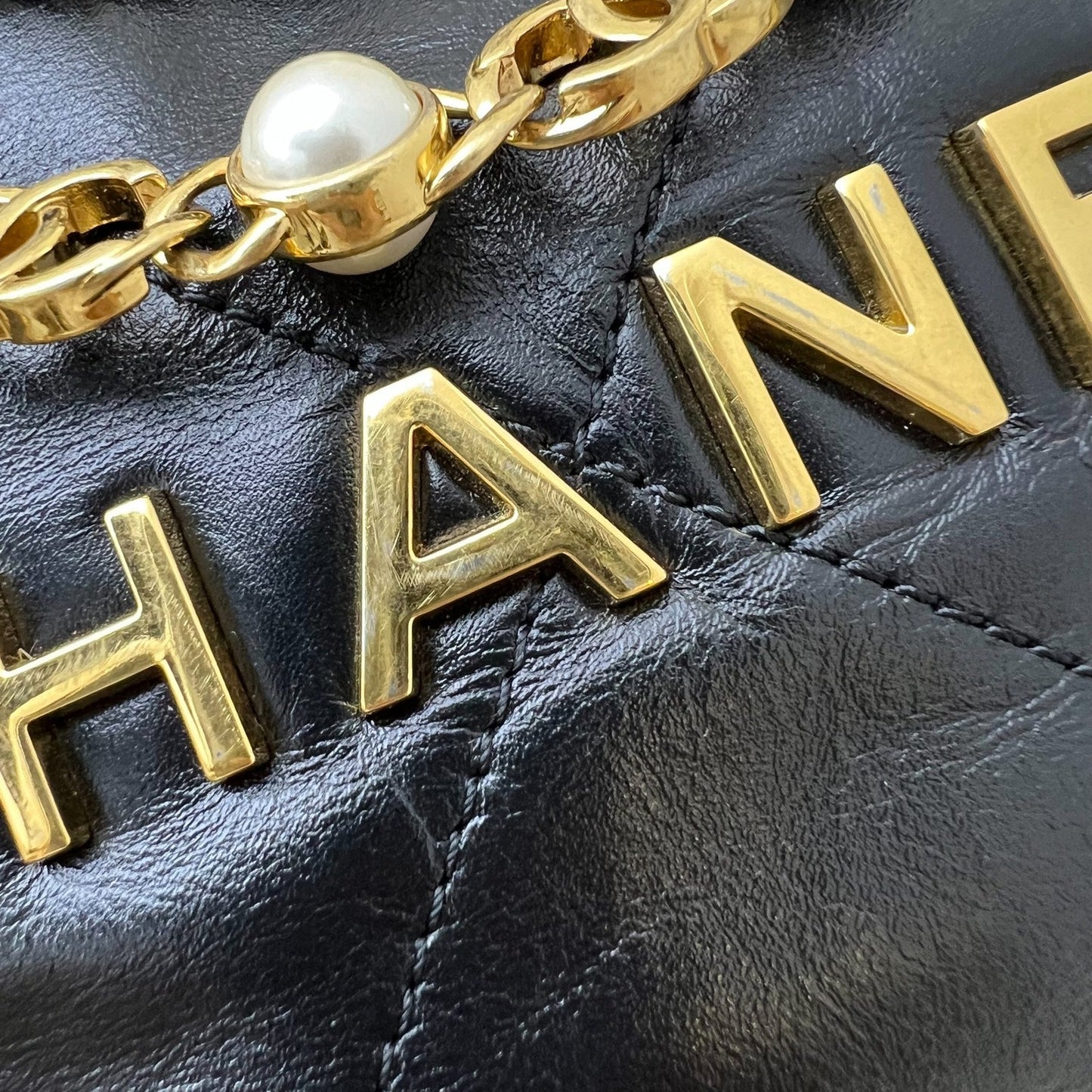 GLM-22 Mini Hobo Handbag with GLM- Pearl Chain in Black Shiny Calfskin and GHW (Detachable chain) (Model: AS3980)