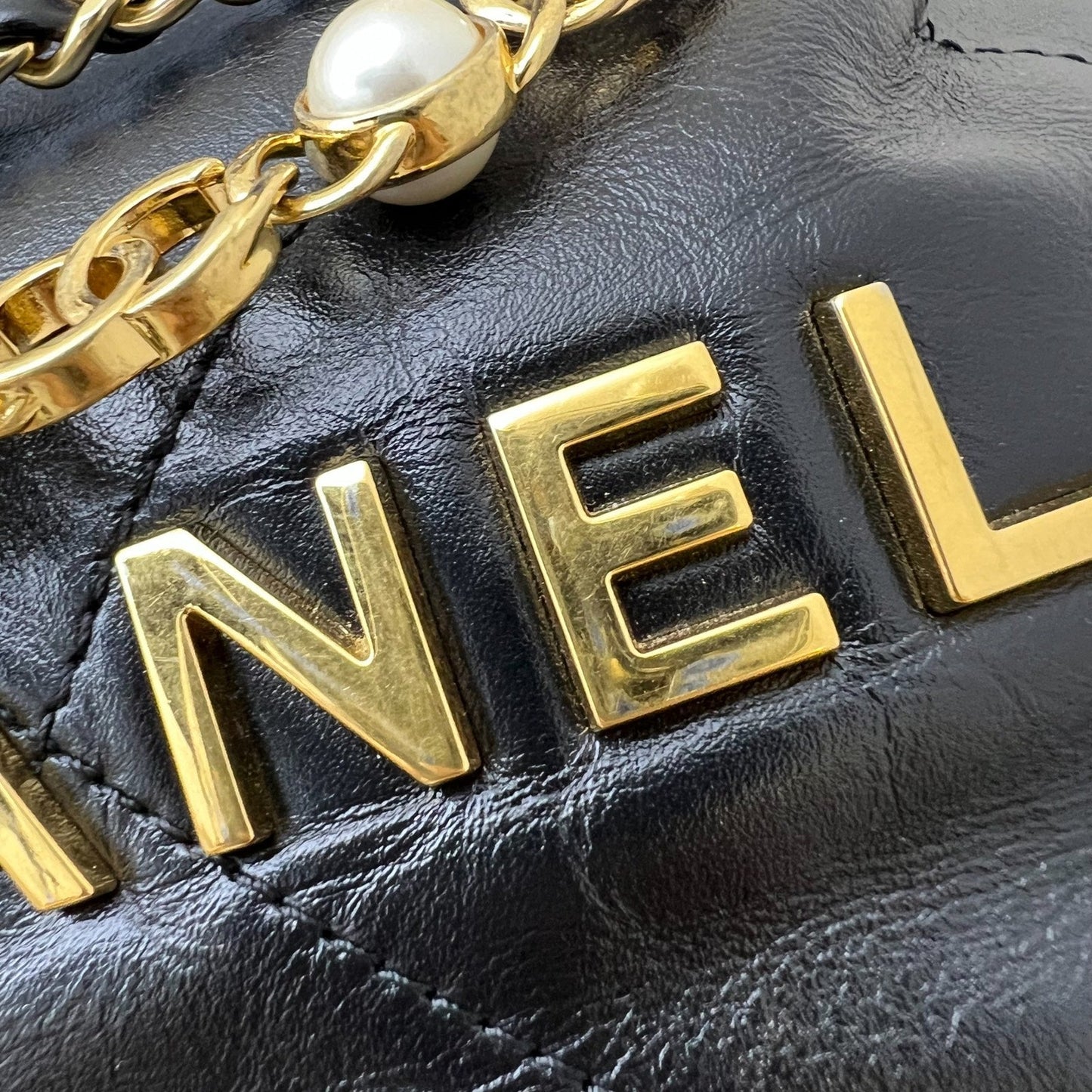 GLM-22 Mini Hobo Handbag with GLM- Pearl Chain in Black Shiny Calfskin and GHW (Detachable chain) (Model: AS3980)