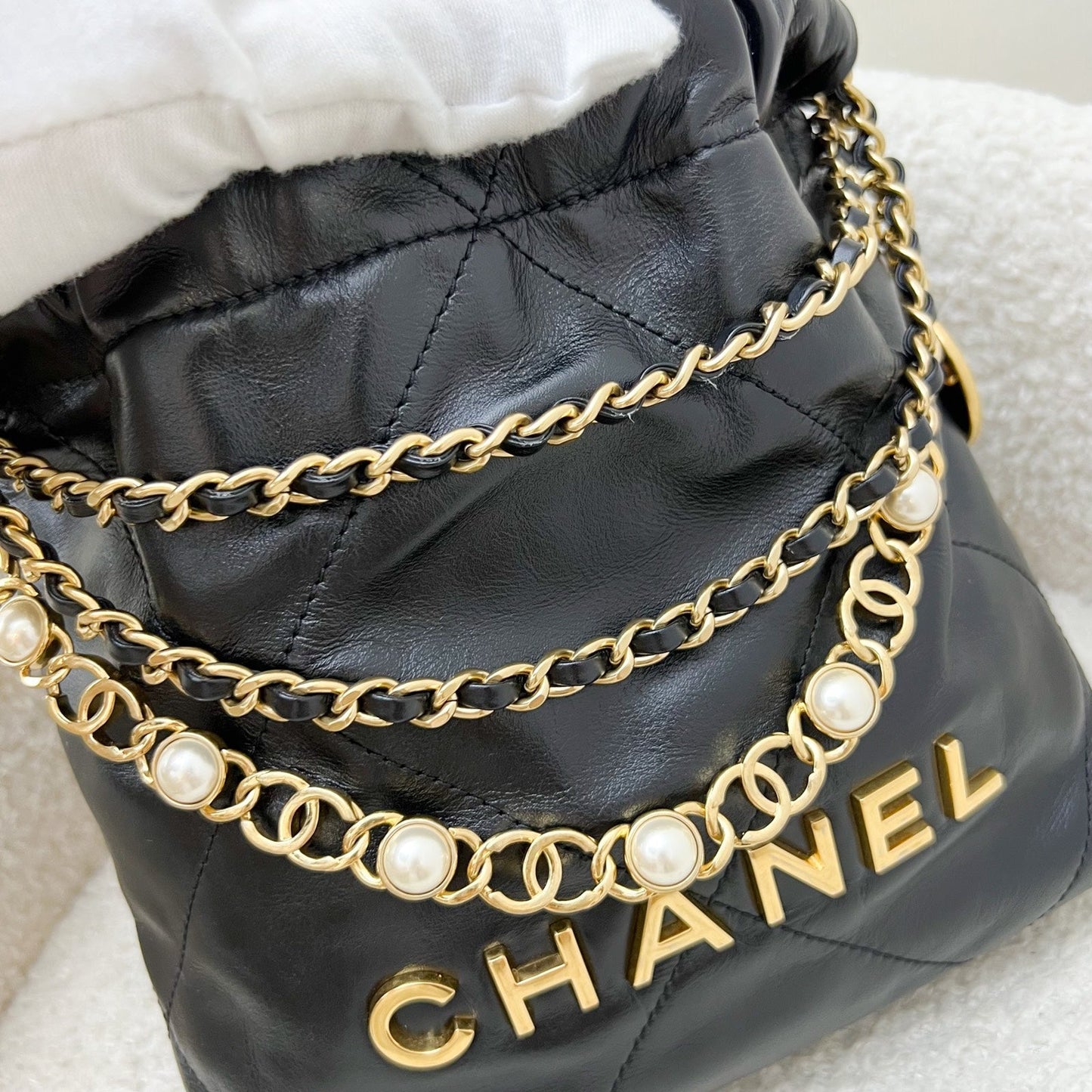 GLM-22 Mini Hobo Handbag with GLM- Pearl Chain in Black Shiny Calfskin and GHW (Detachable chain) (Model: AS3980)