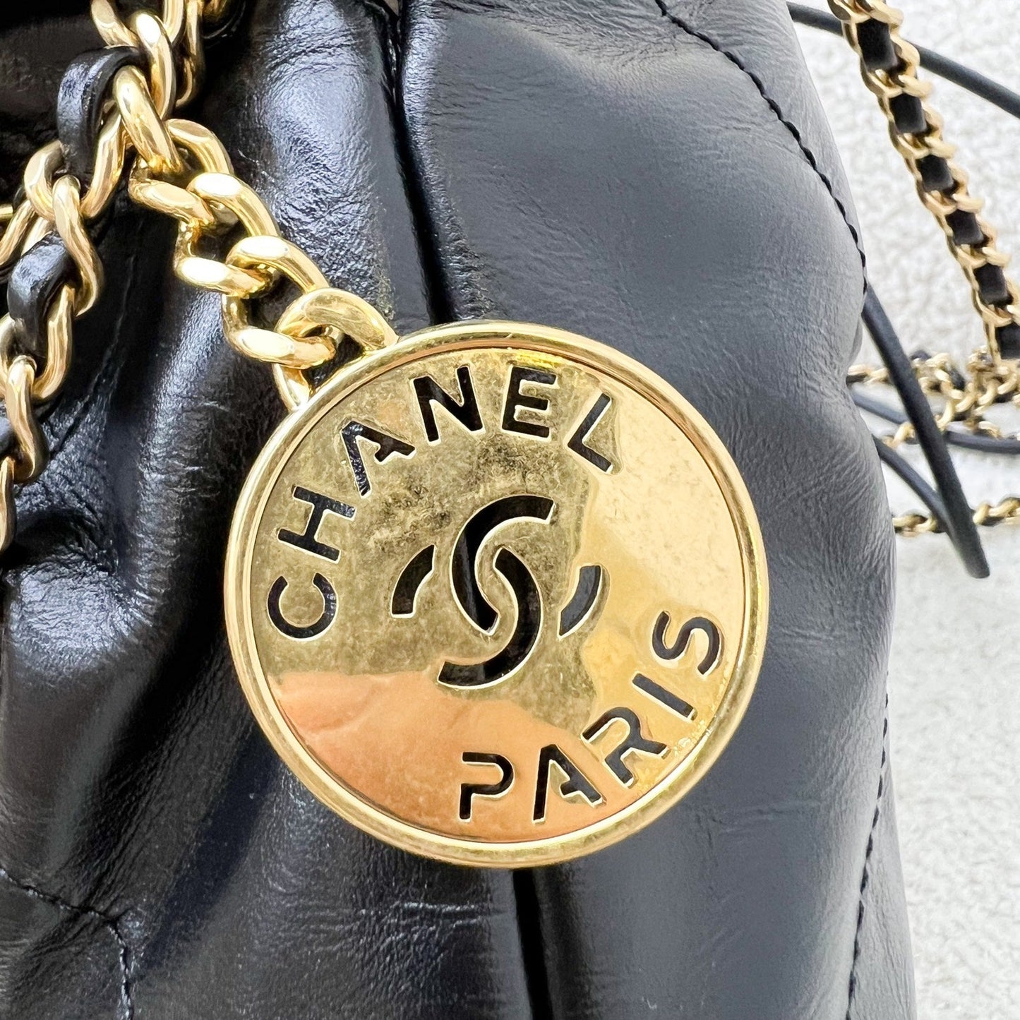 GLM-22 Mini Hobo Handbag with GLM- Pearl Chain in Black Shiny Calfskin and GHW (Detachable chain) (Model: AS3980)