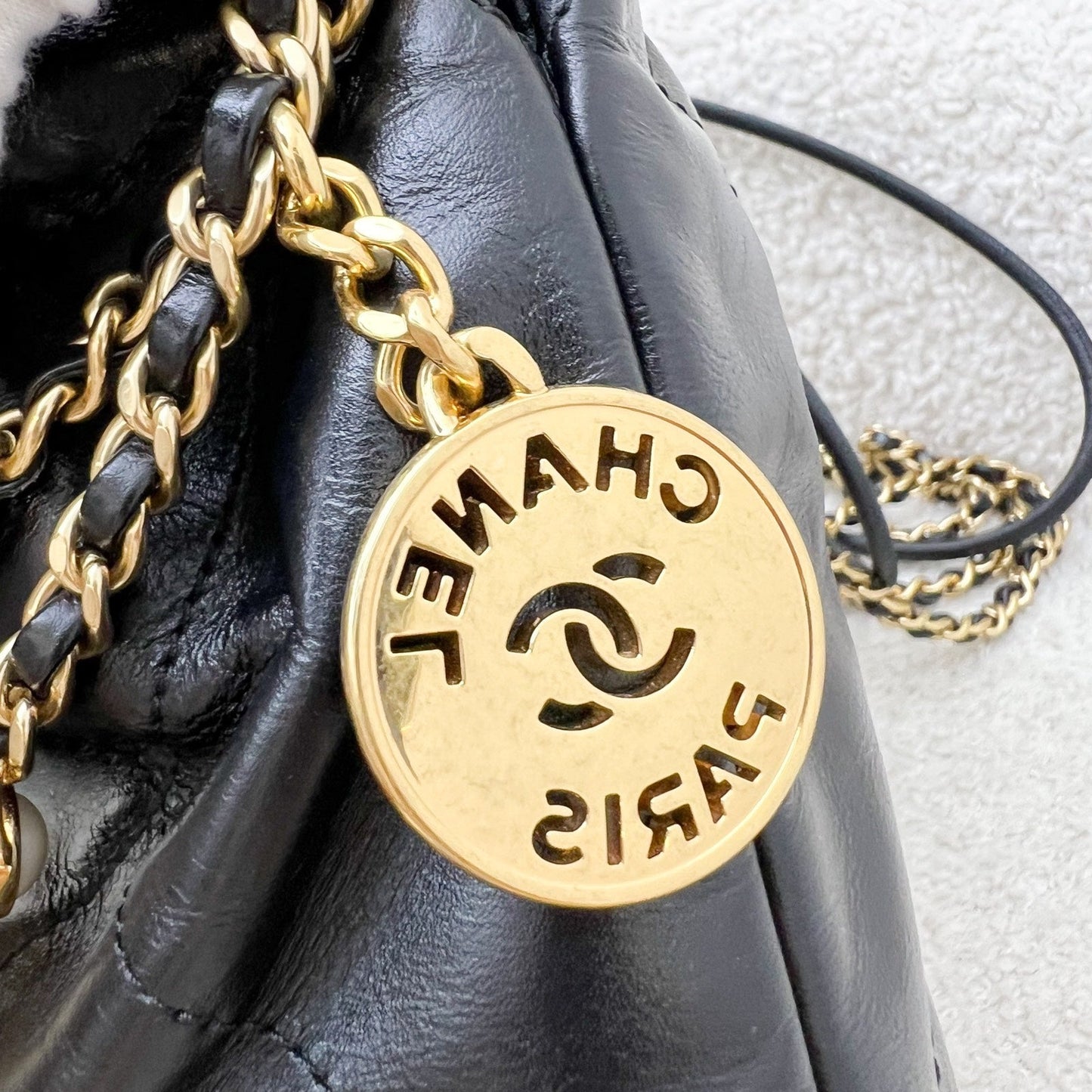 GLM-22 Mini Hobo Handbag with GLM- Pearl Chain in Black Shiny Calfskin and GHW (Detachable chain) (Model: AS3980)
