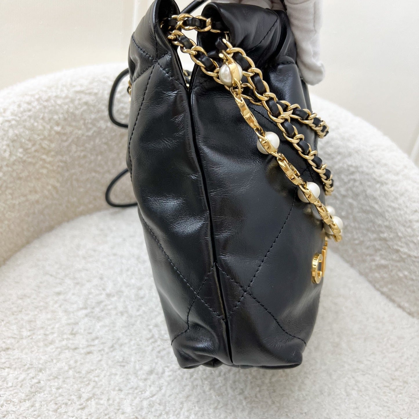 GLM-22 Mini Hobo Handbag with GLM- Pearl Chain in Black Shiny Calfskin and GHW (Detachable chain) (Model: AS3980)