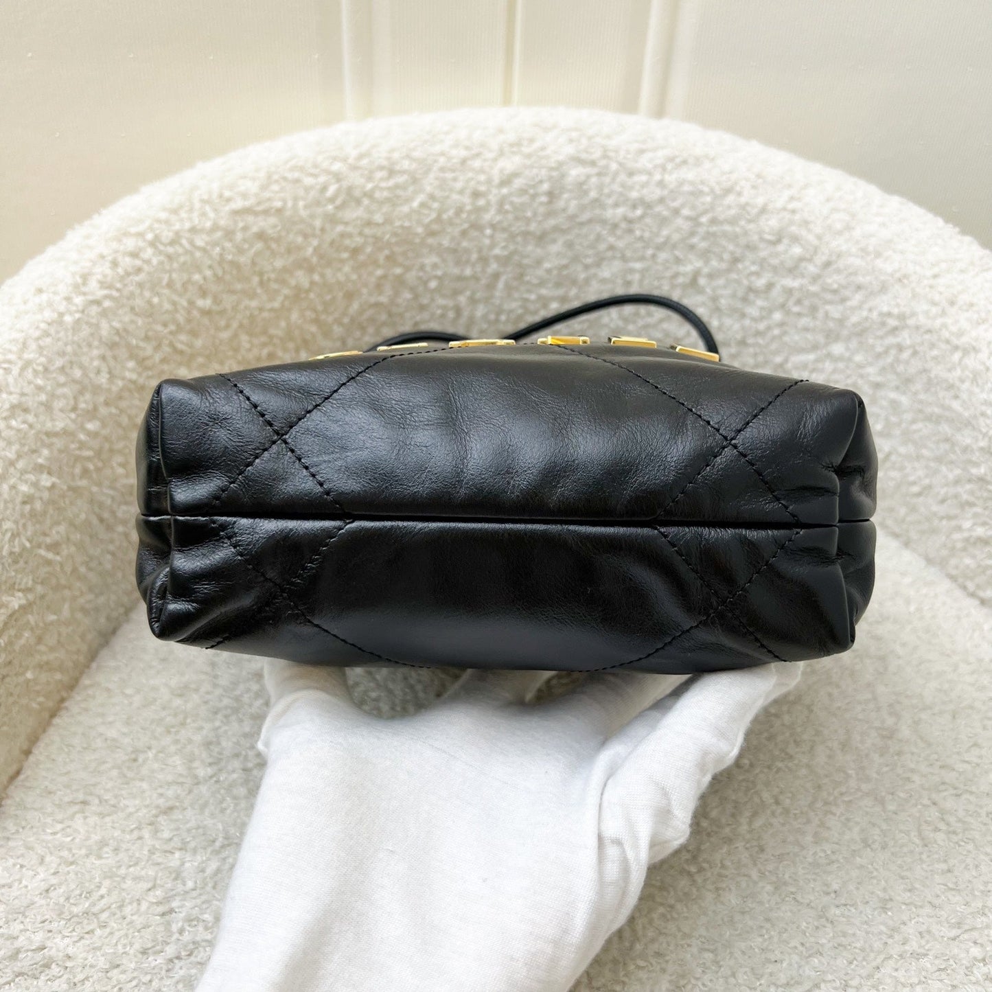 GLM-22 Mini Hobo Handbag with GLM- Pearl Chain in Black Shiny Calfskin and GHW (Detachable chain) (Model: AS3980)
