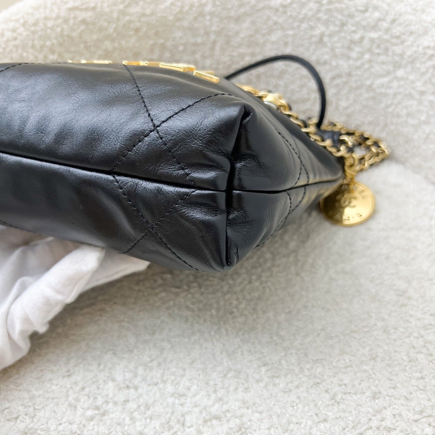 GLM-22 Mini Hobo Handbag with GLM- Pearl Chain in Black Shiny Calfskin and GHW (Detachable chain) (Model: AS3980)