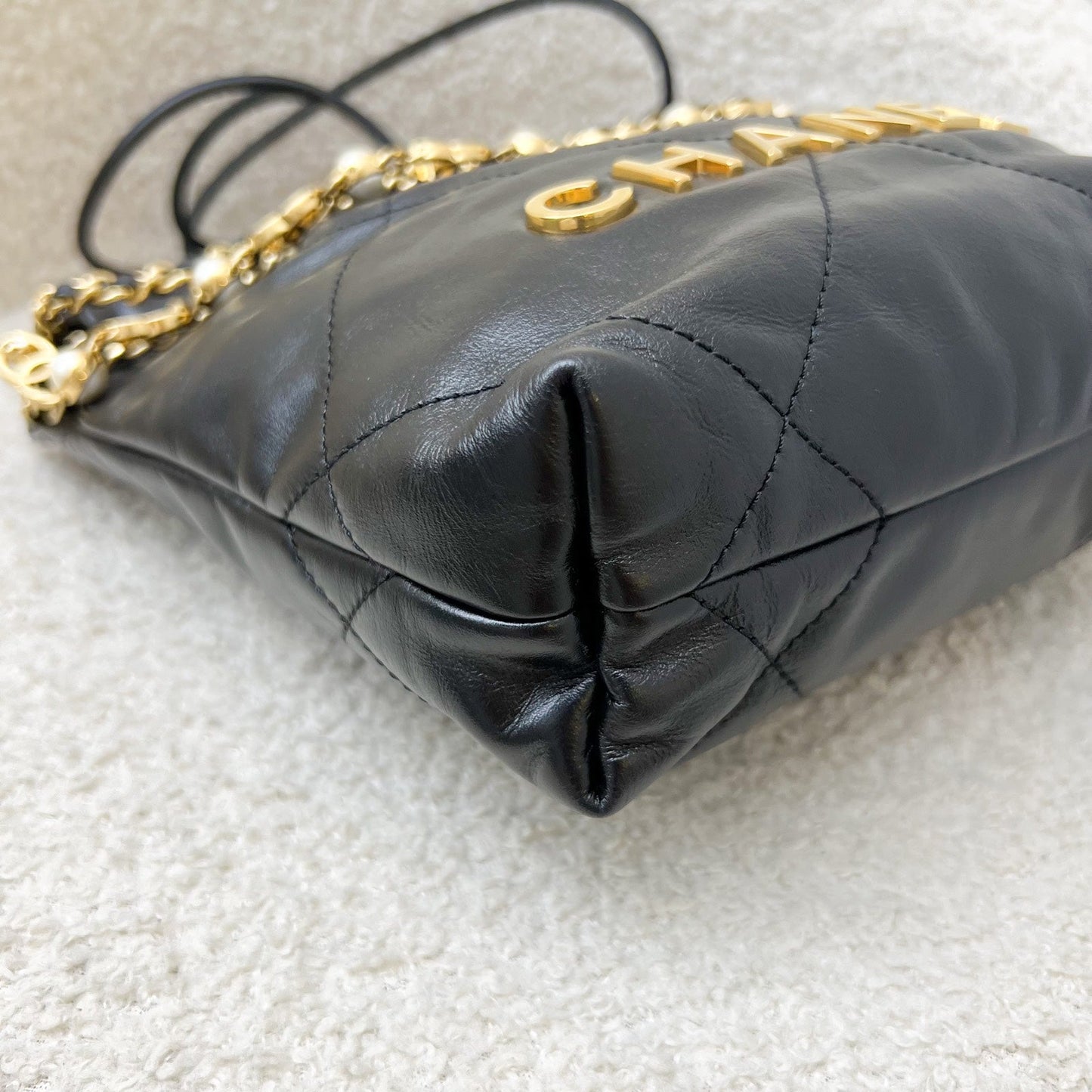 GLM-22 Mini Hobo Handbag with GLM- Pearl Chain in Black Shiny Calfskin and GHW (Detachable chain) (Model: AS3980)