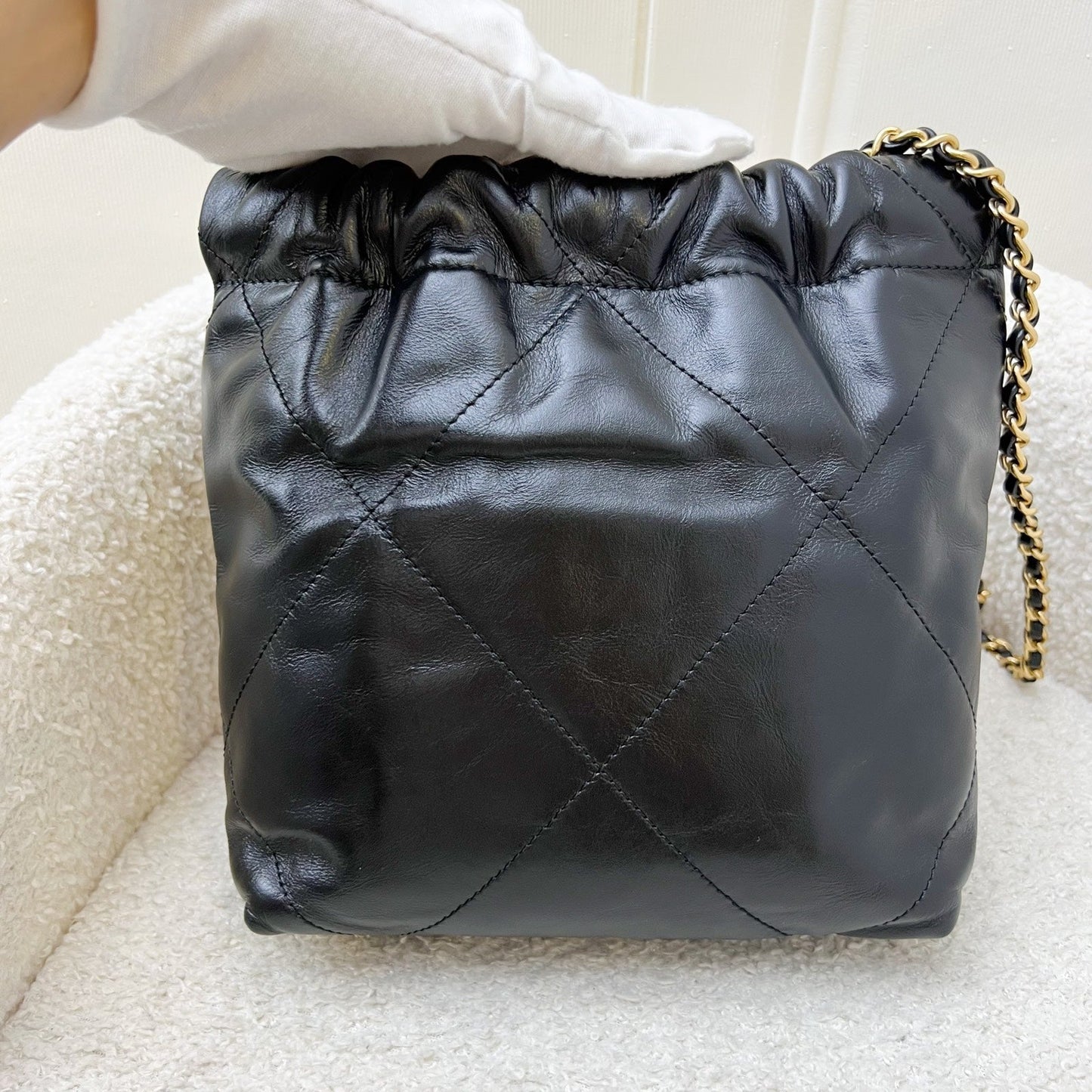 GLM-22 Mini Hobo Handbag with GLM- Pearl Chain in Black Shiny Calfskin and GHW (Detachable chain) (Model: AS3980)